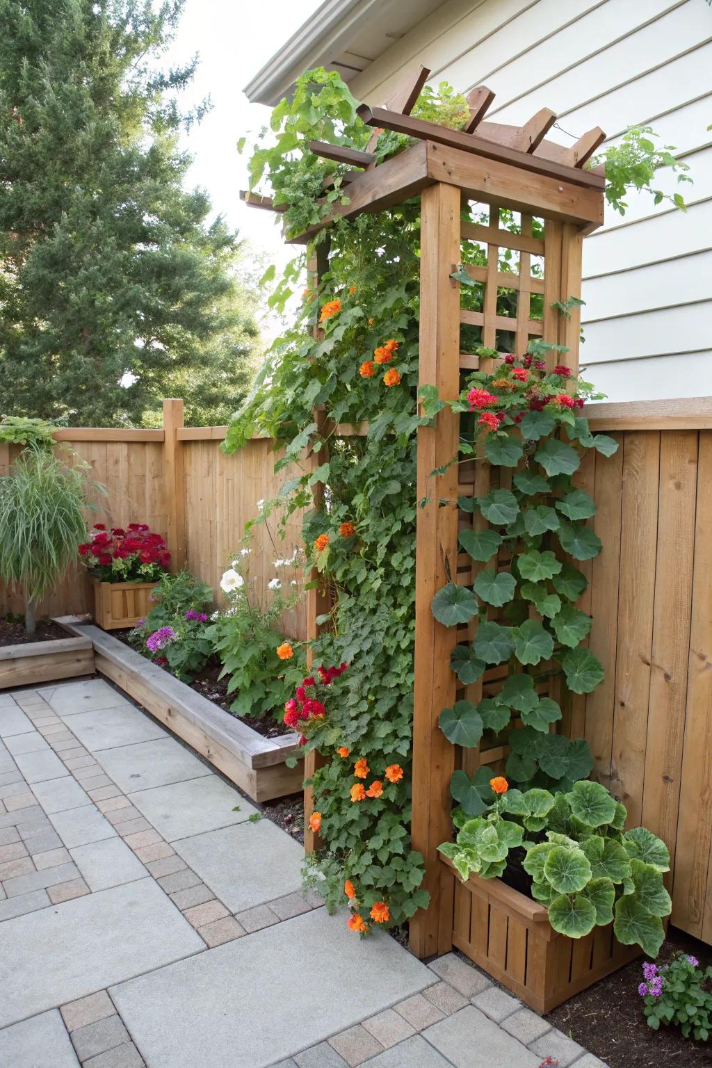 A vertical garden adds vibrant greenery to your patio without crowding the space.