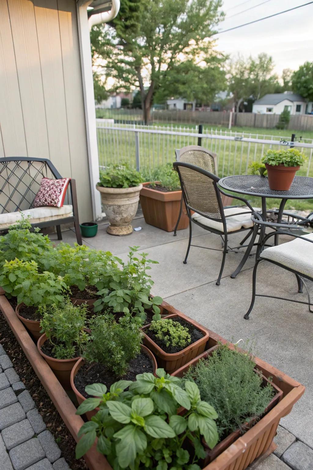 A mini herb garden adds practical greenery to your patio.
