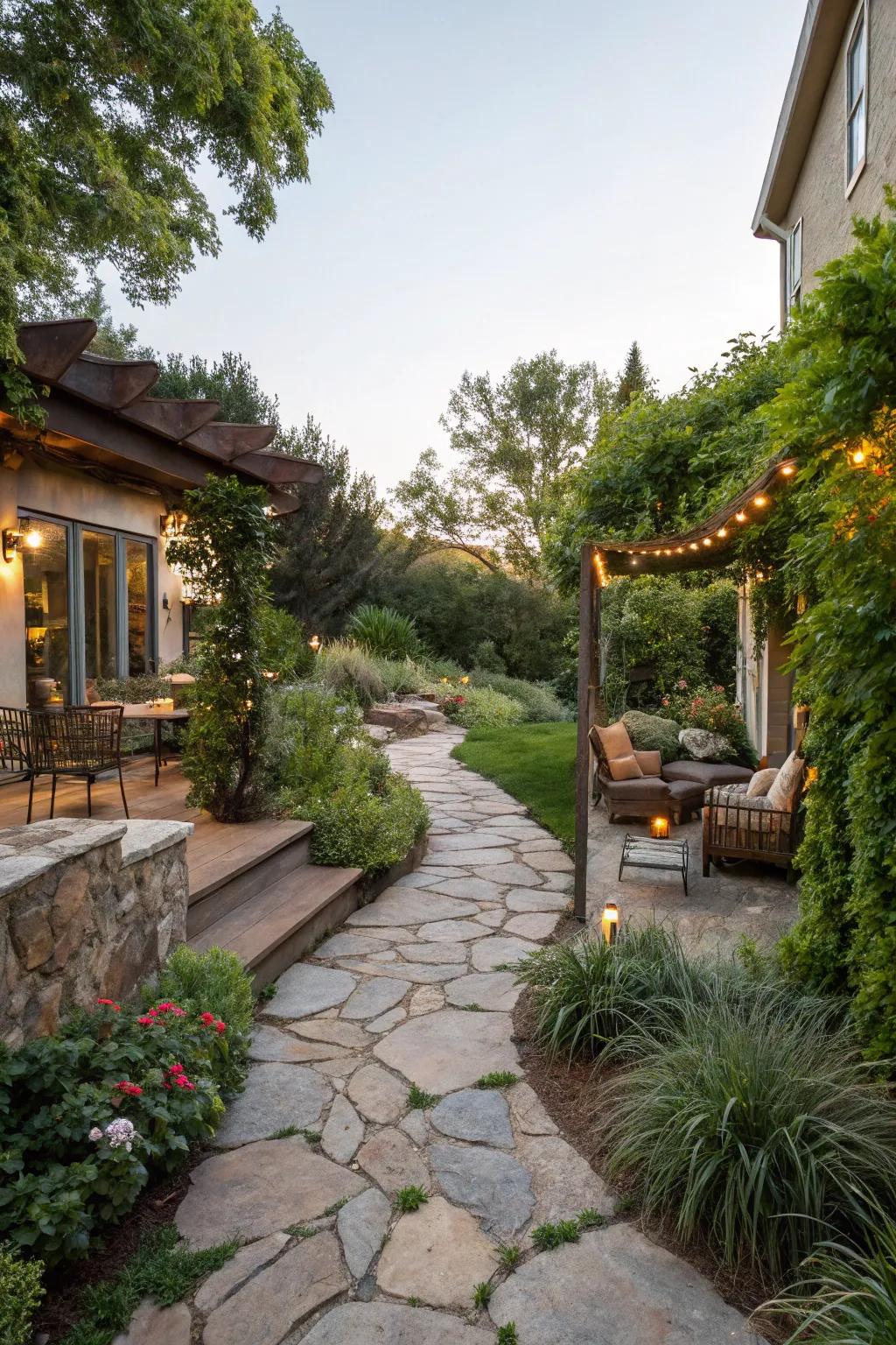 A stone pathway adds rustic charm and functionality.