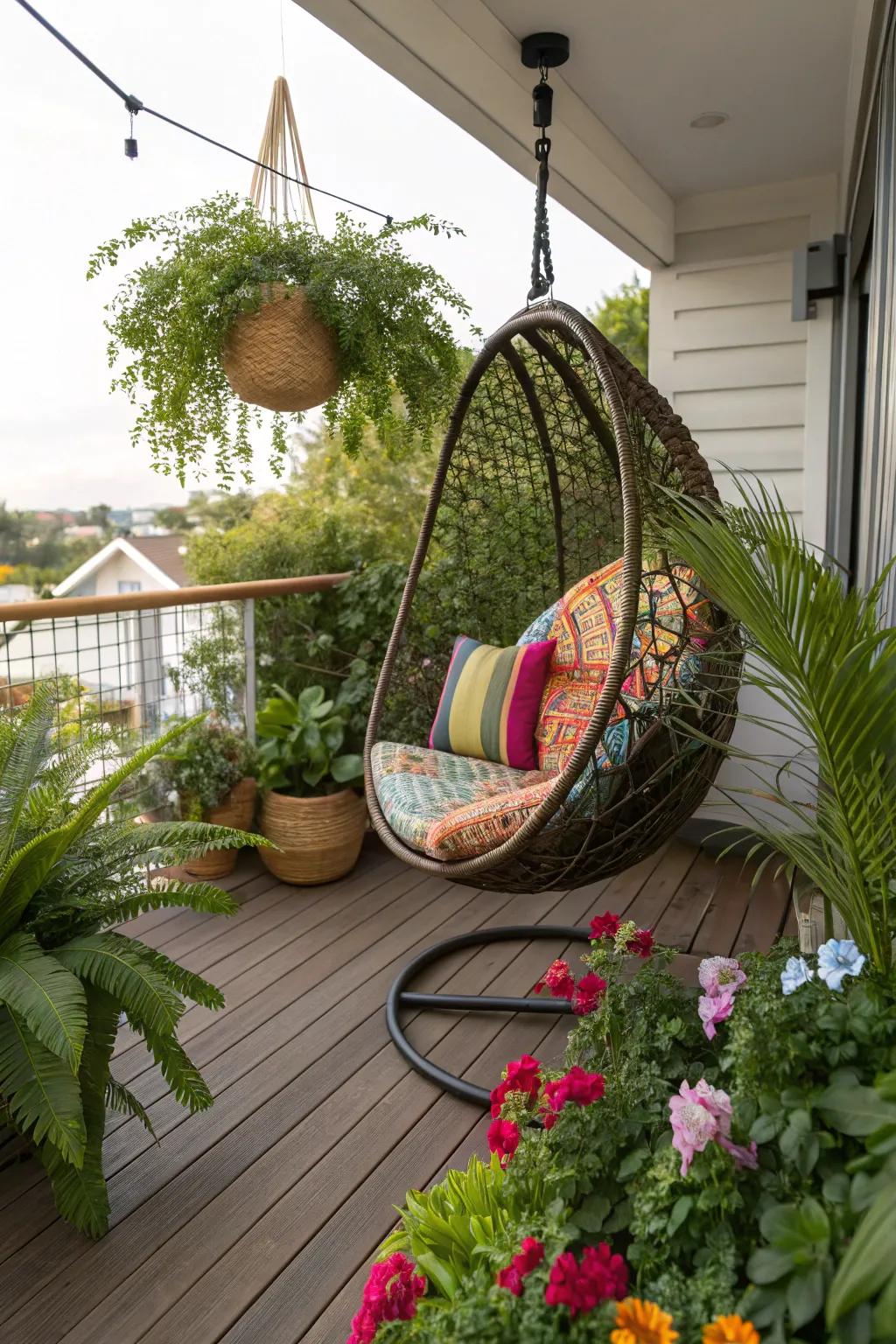A hanging chair turns a patio corner into a playful hideaway.
