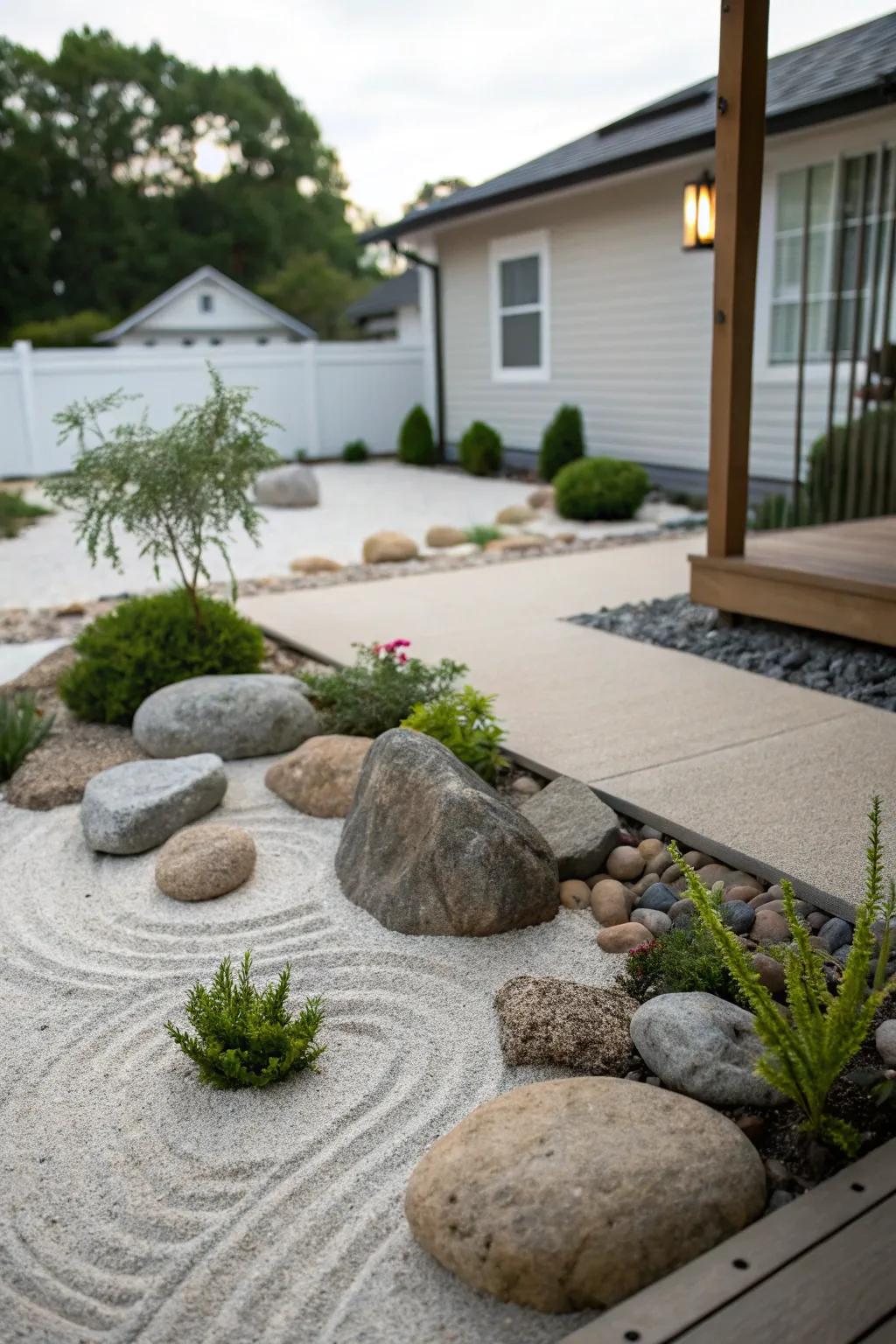 A Zen garden offers a tranquil retreat in your patio corner.