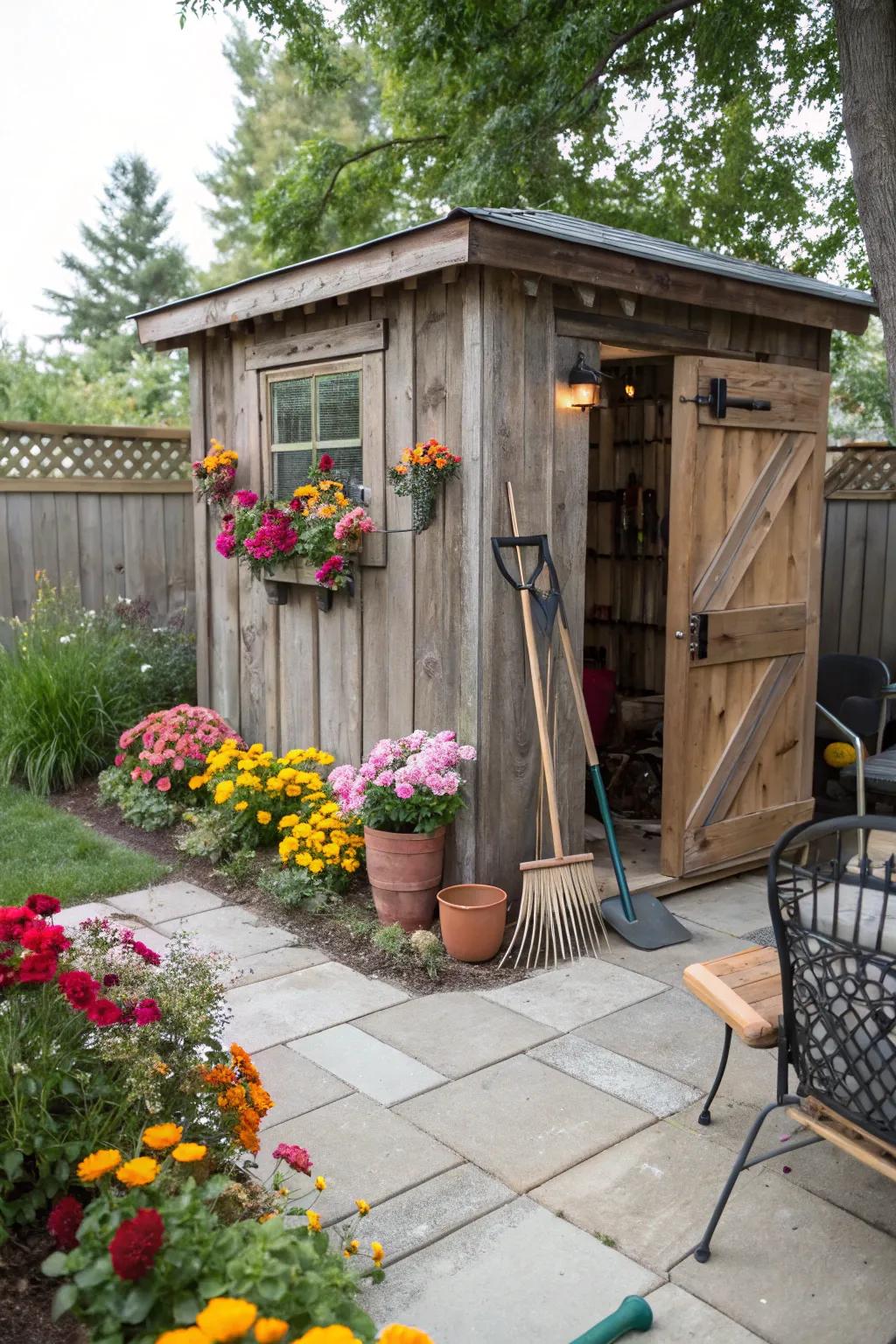 A rustic garden shed adds character and functionality to your patio.