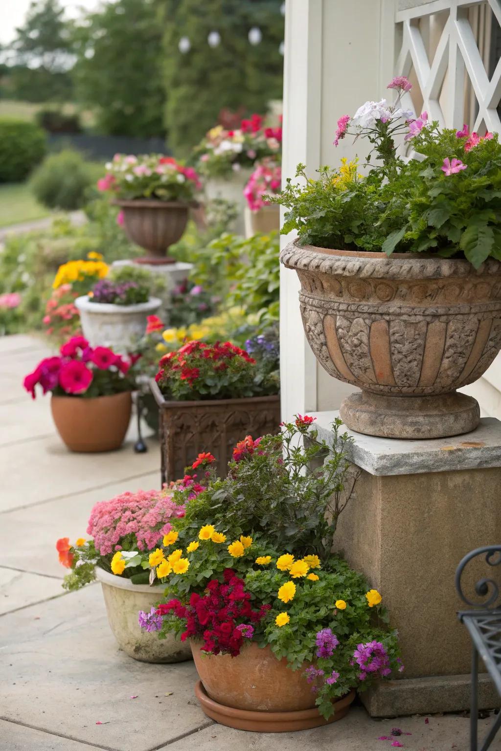Creative planters add artistic flair to your patio corner.