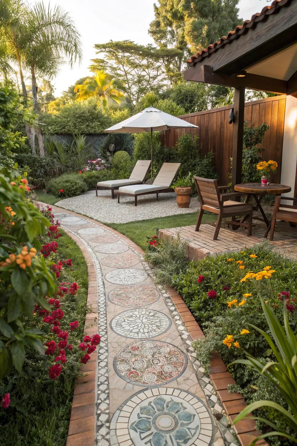 Add artistic flair with vibrant mosaic tiles in your backyard.