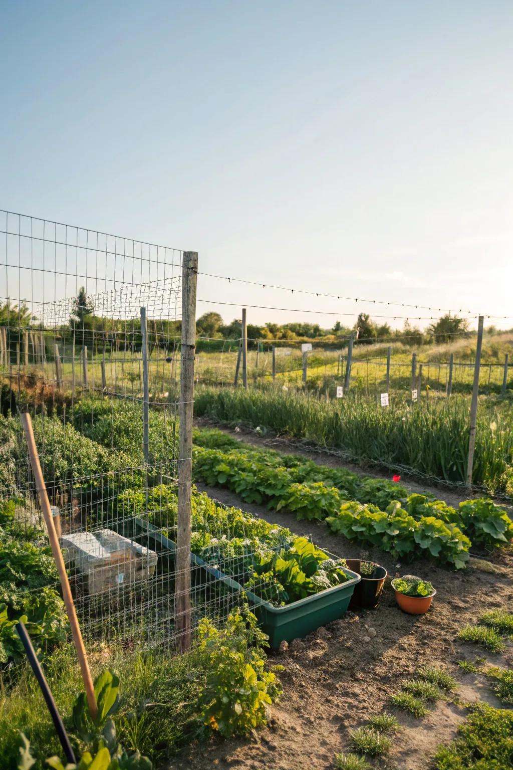 A practical wire mesh fence protecting a garden.