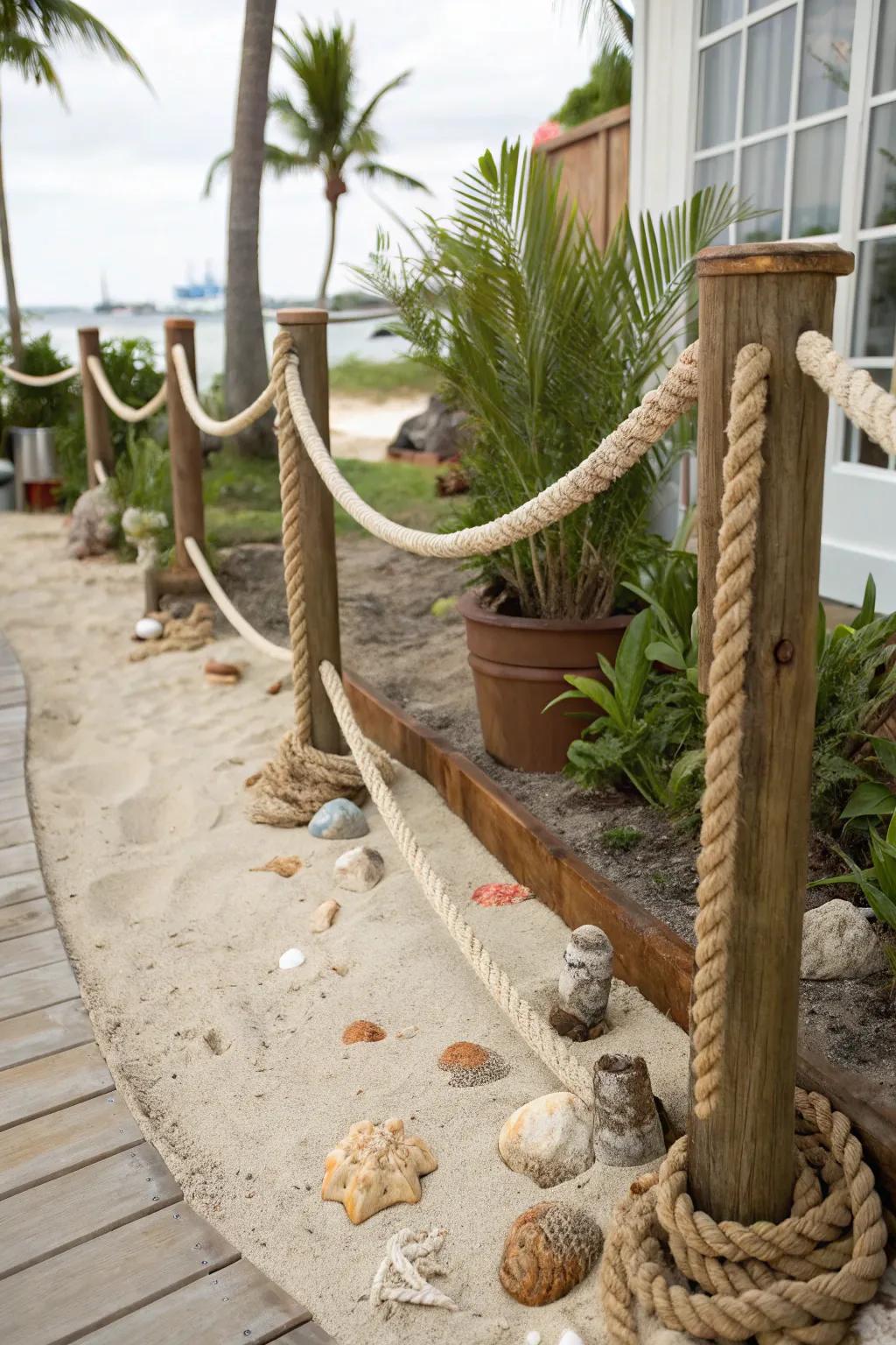 Nautical charm with natural fiber rope fencing.