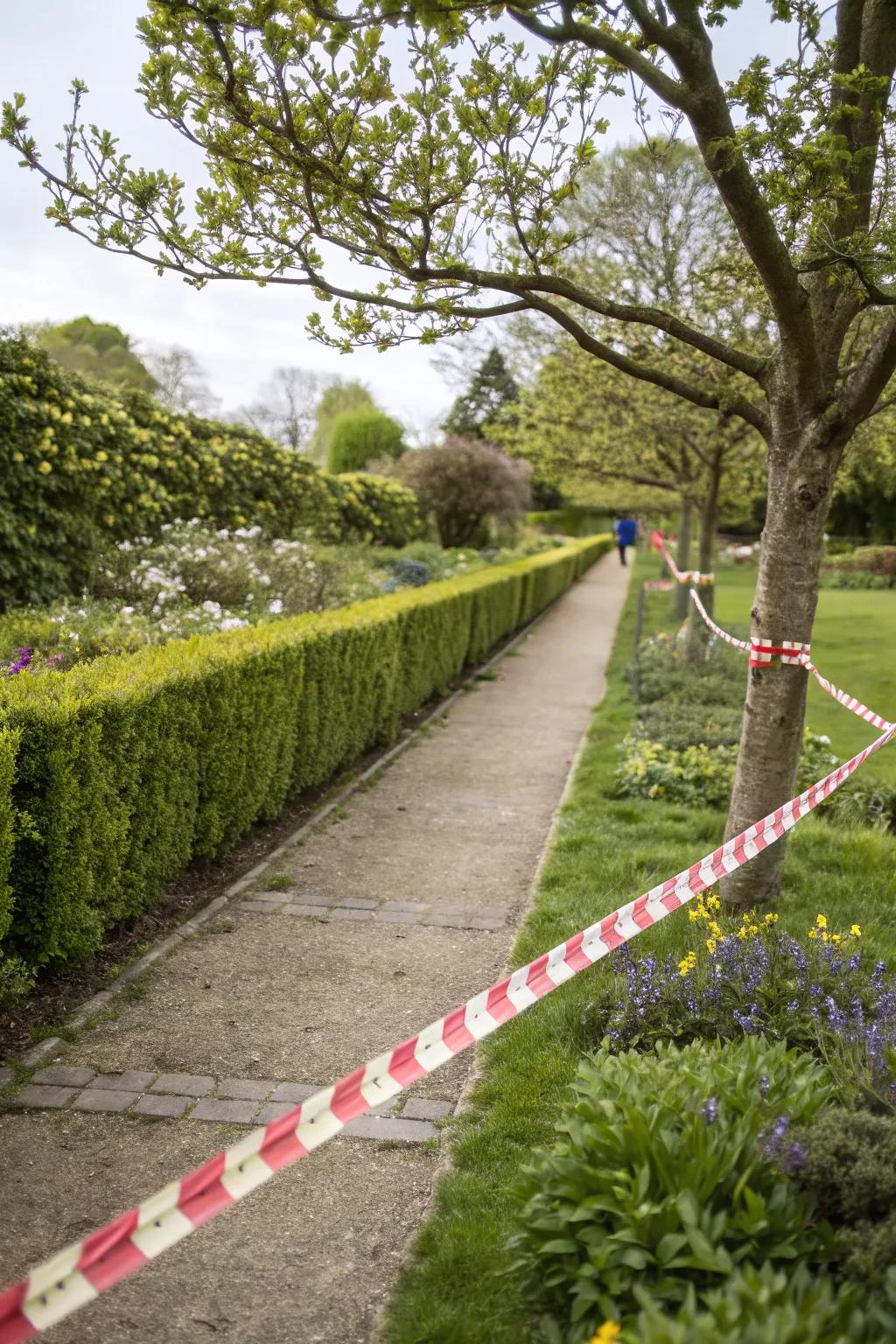 Quick and temporary boundary with plastic tapes.