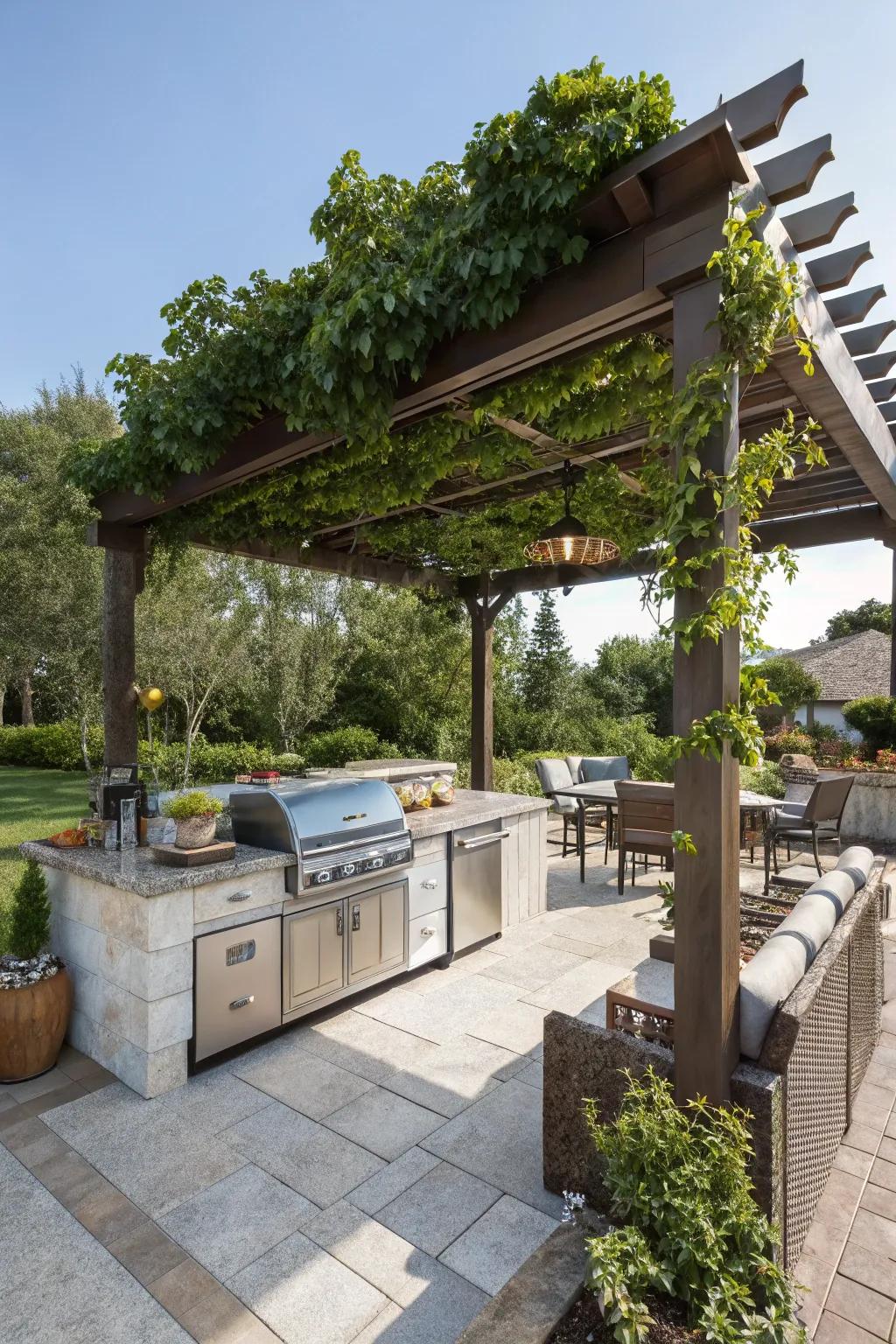 Pergolas and canopies add style and shade to outdoor kitchen setups.