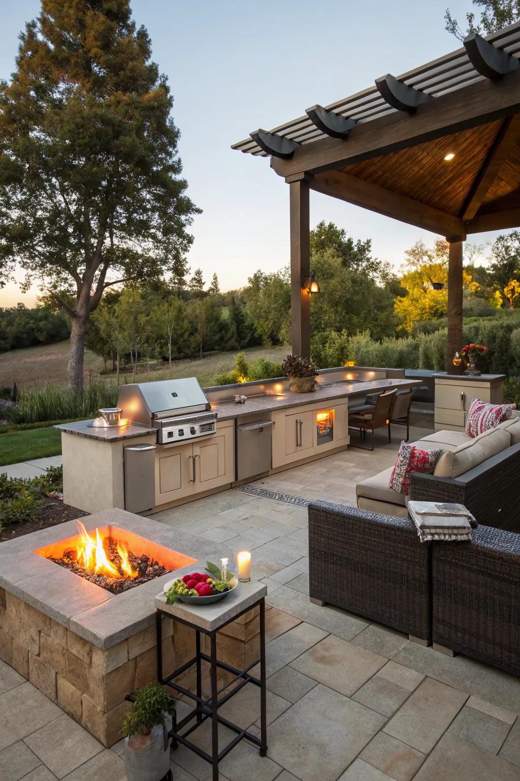 Fire pits add warmth and gather-appeal to outdoor kitchen spaces.