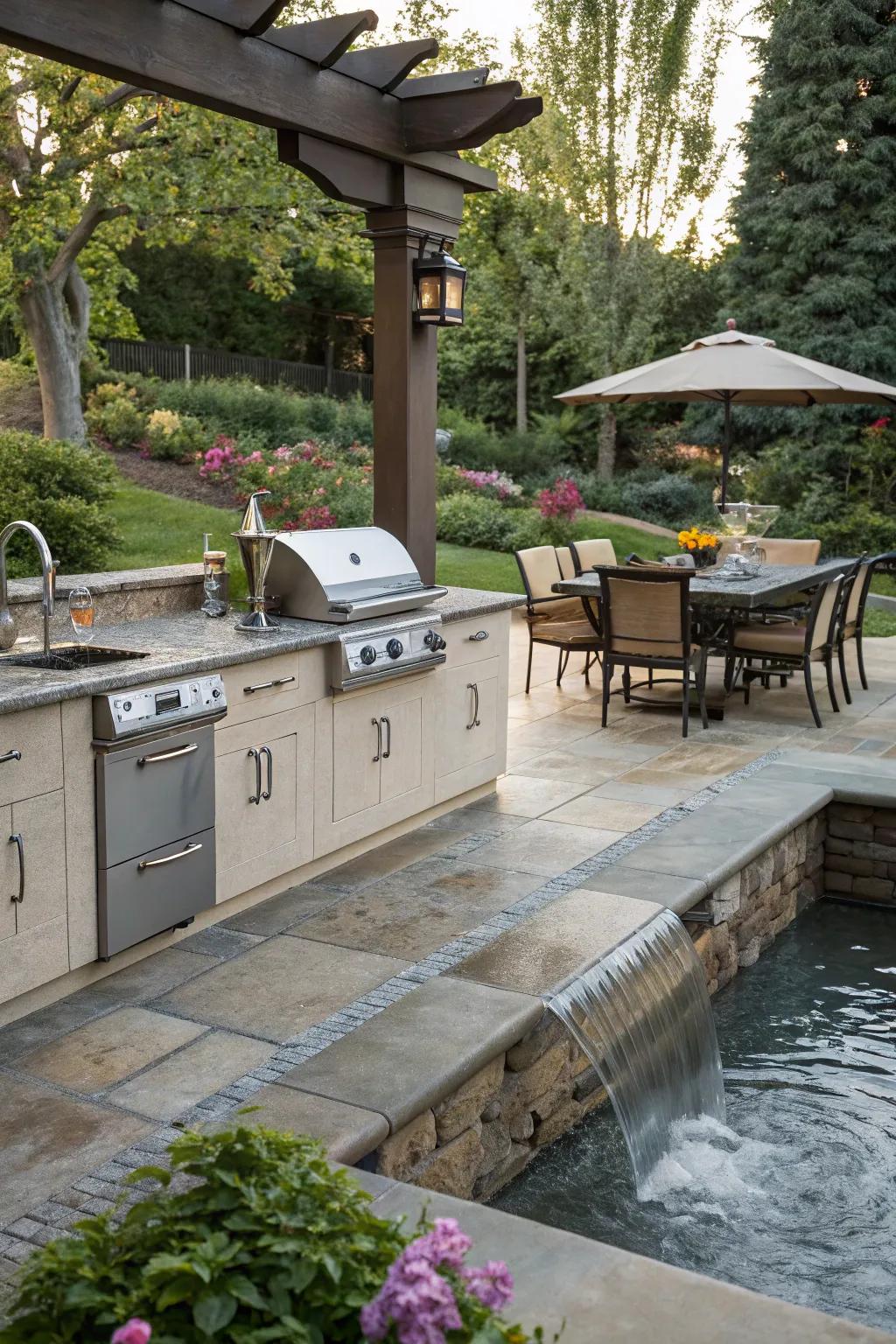 Water features add a serene and relaxing touch to outdoor kitchens.