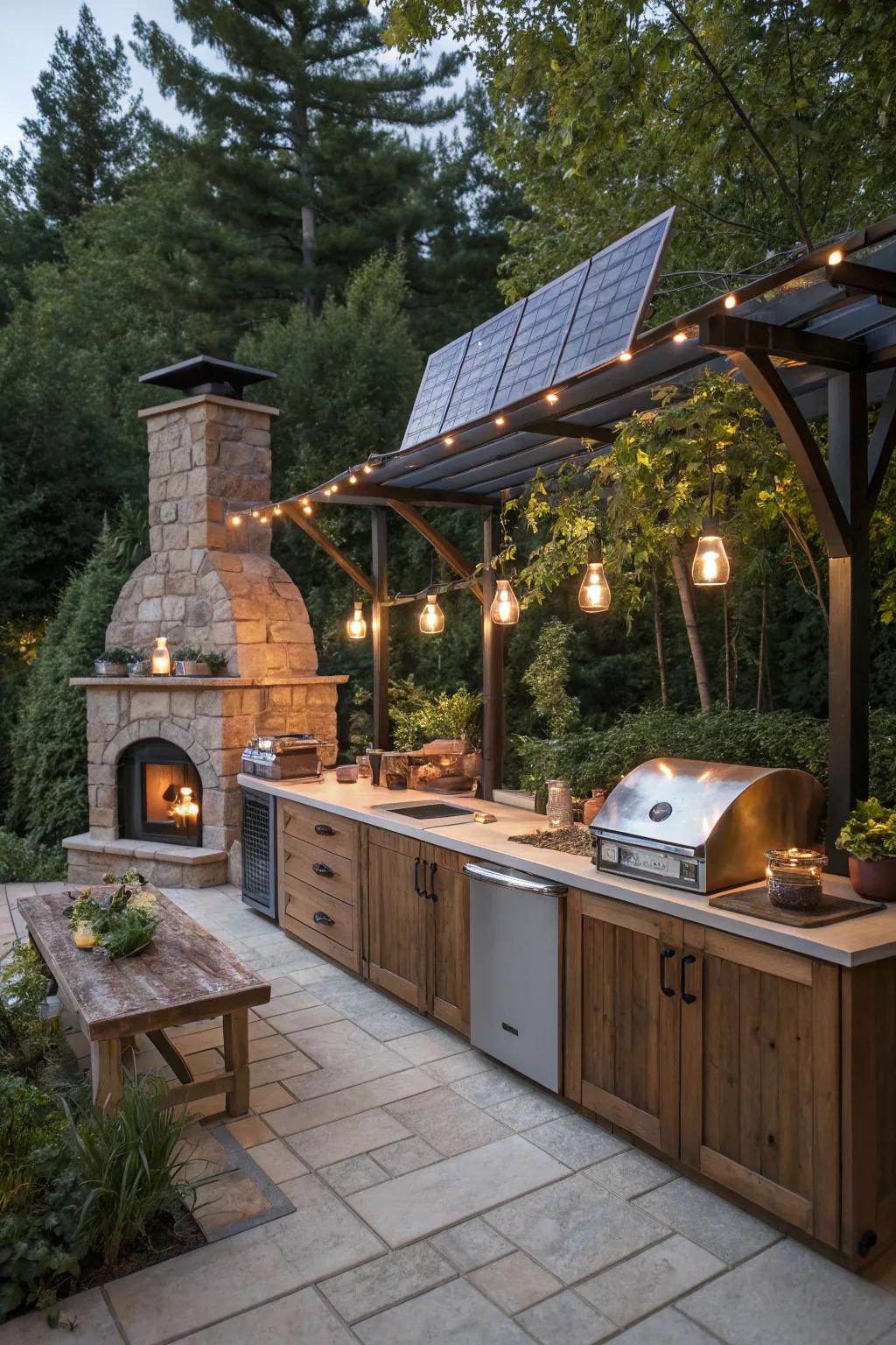 Eco-friendly elements add sustainability and charm to outdoor kitchen designs.