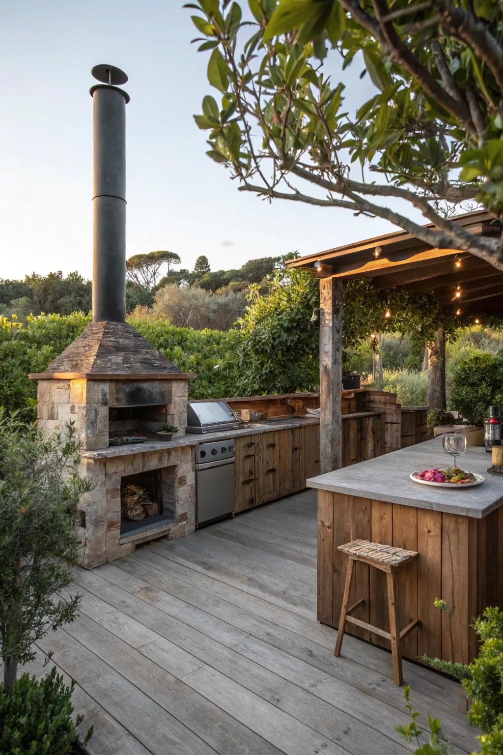 A smokehouse vibe adds rustic charm and authenticity to outdoor cooking areas.