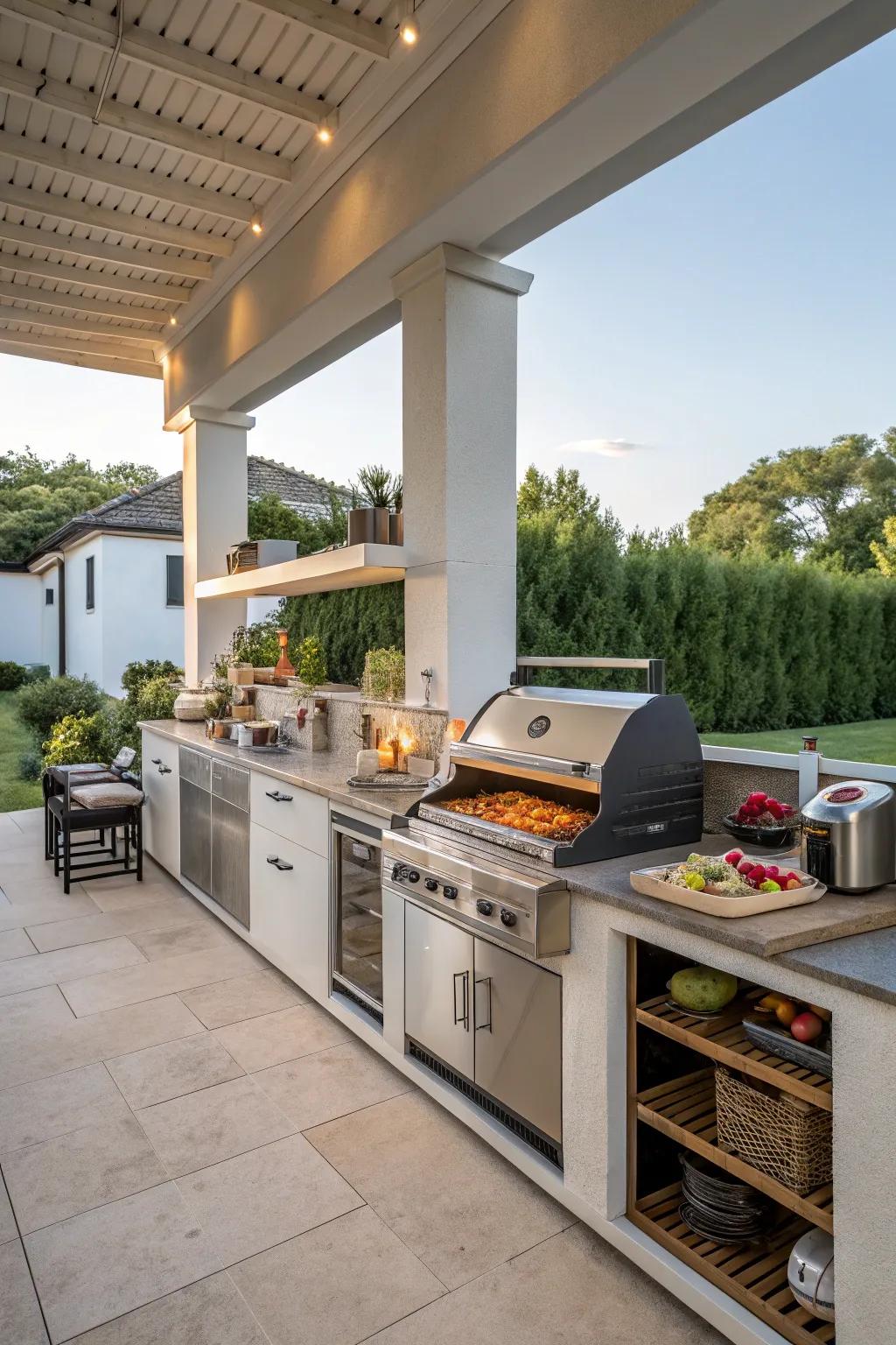 Multi-level cooking stations enhance functionality and workflow in outdoor kitchens.