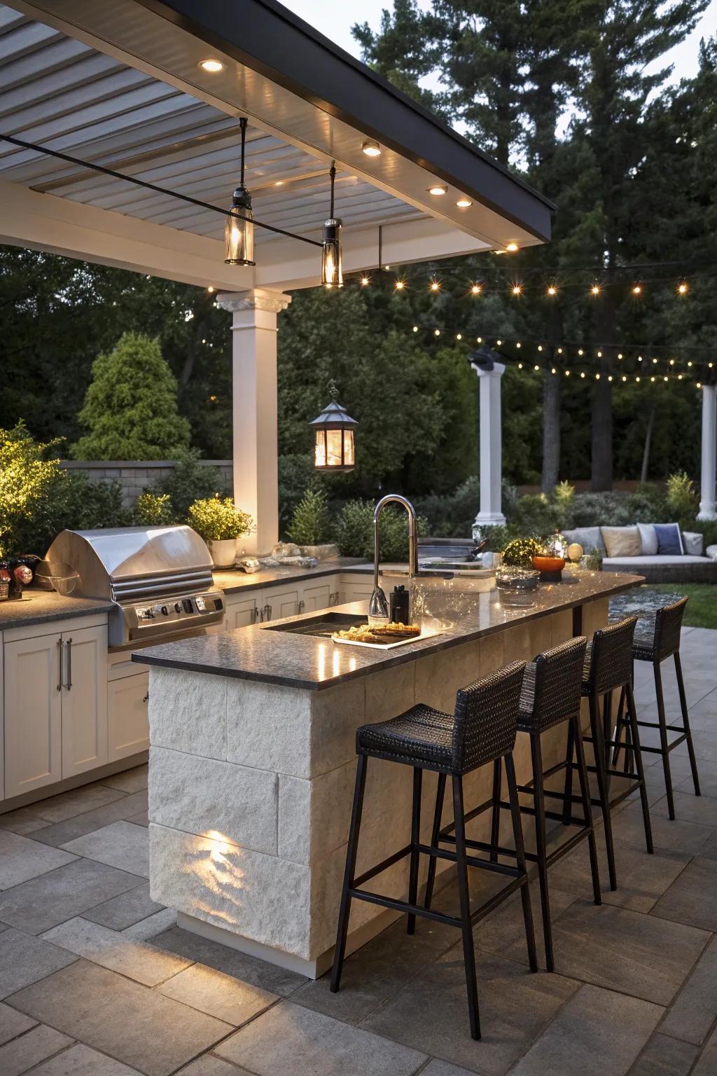 An outdoor bar creates a lively entertainment hub in outdoor kitchen spaces.