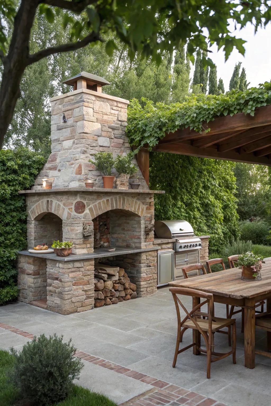 Stone and brick masonry add a rustic and inviting charm to outdoor kitchens.