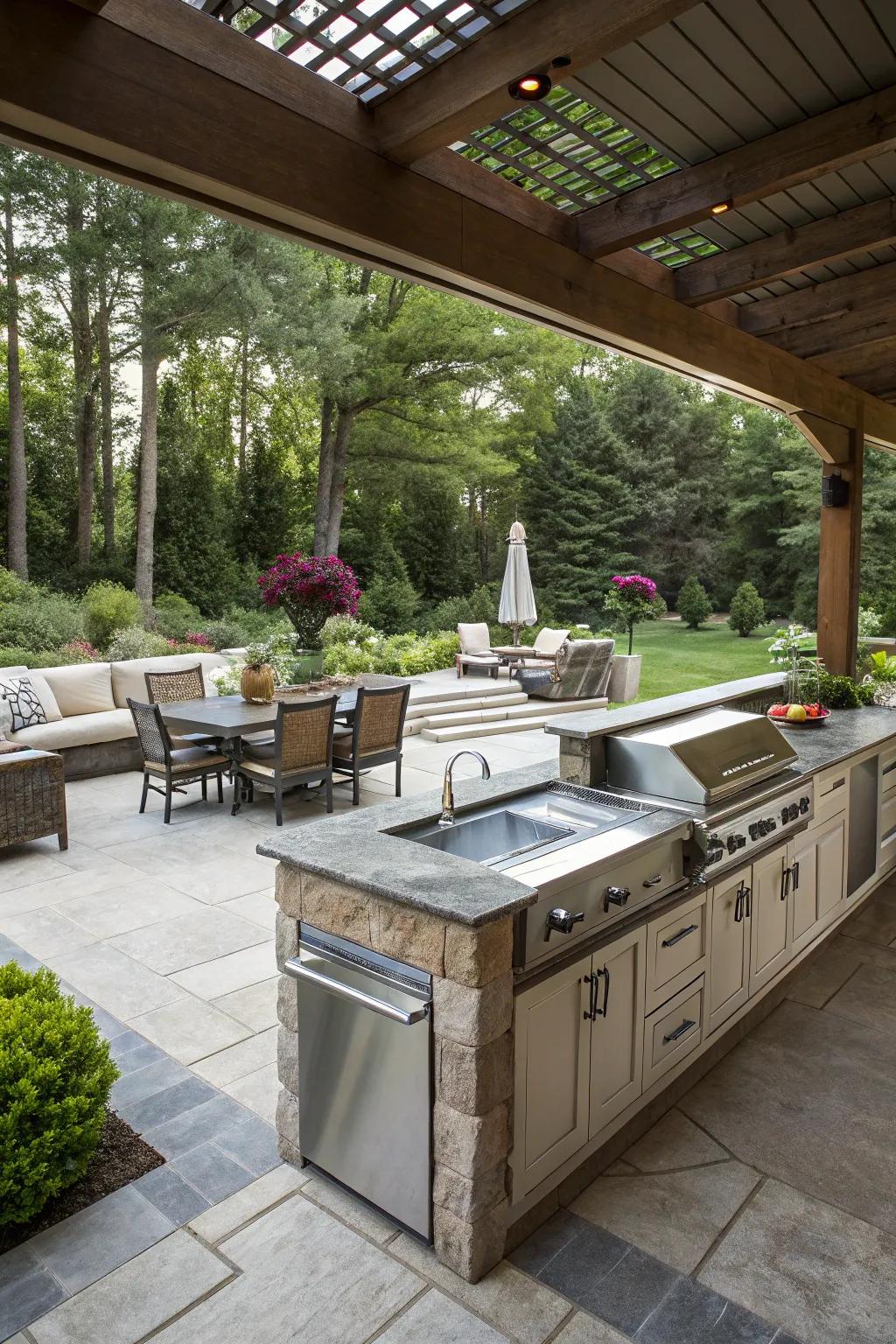Integrating outdoor kitchens with patios or decks enhances flow and functionality.