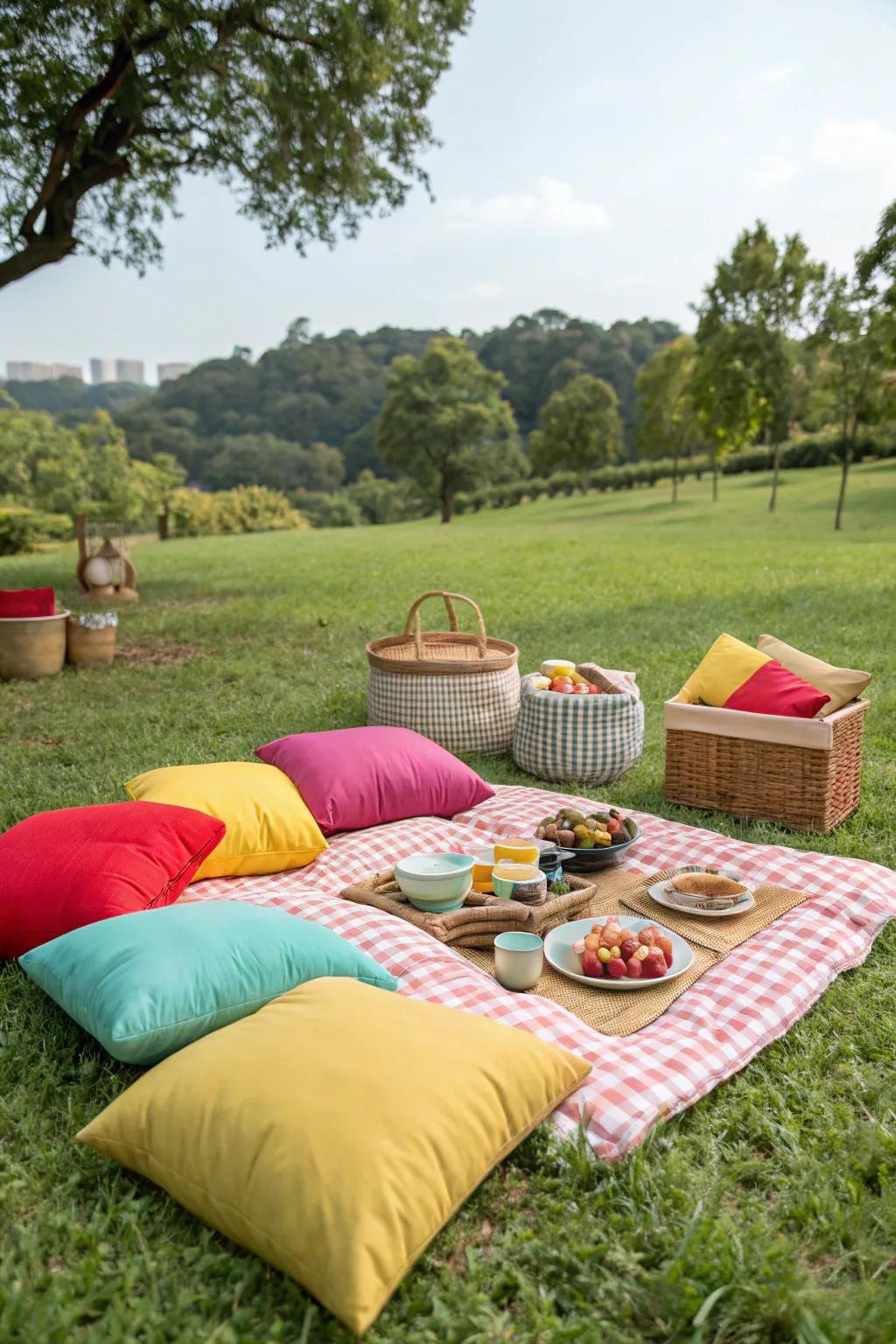 A cozy setup with colorful cushions for extra comfort.