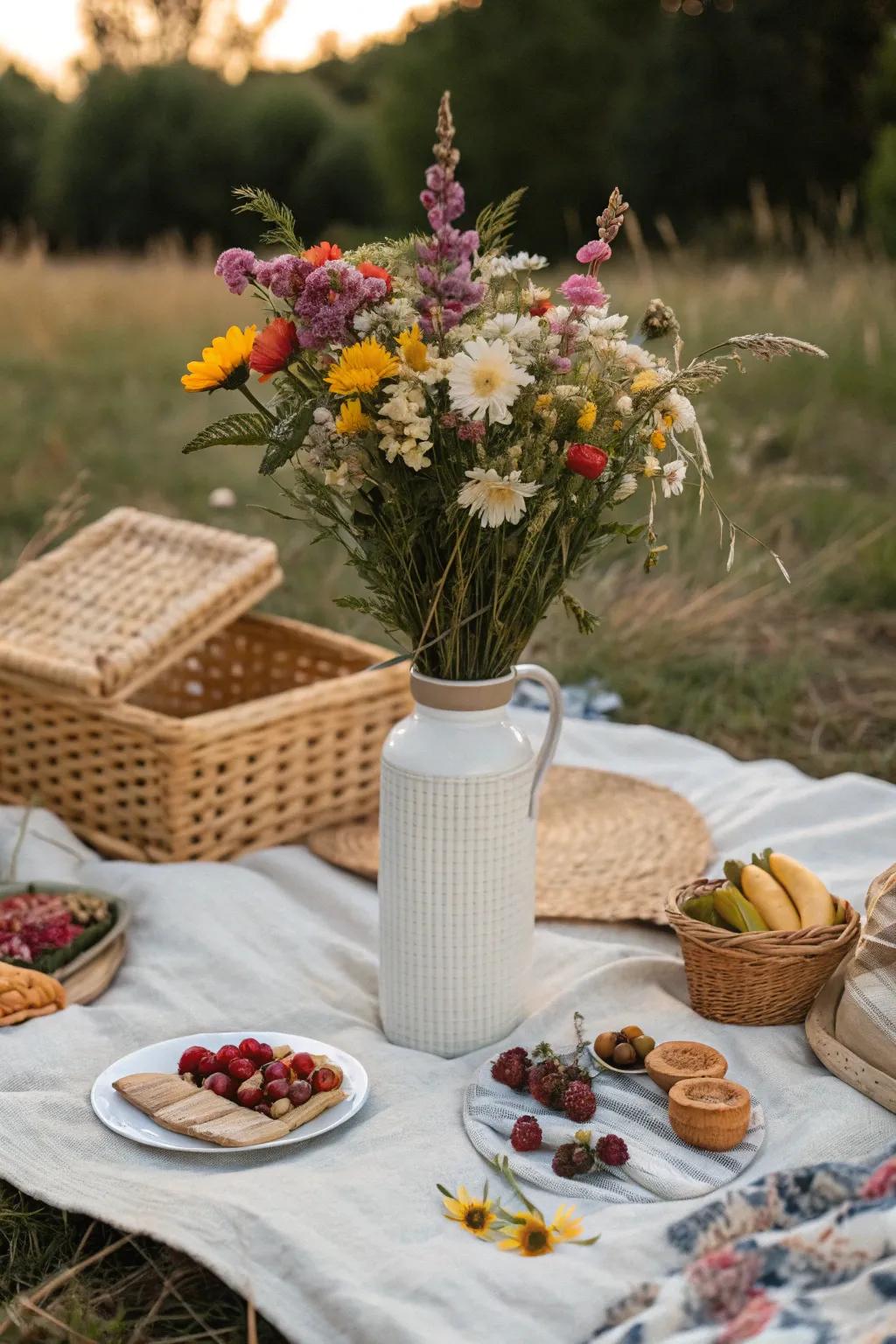 Fresh flowers add a natural touch to your picnic setting.