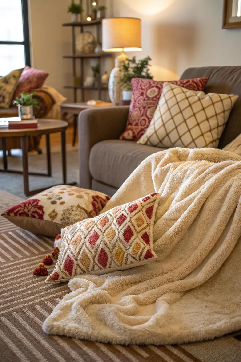 A plush blanket spread out, inviting you to relax and enjoy your picnic.