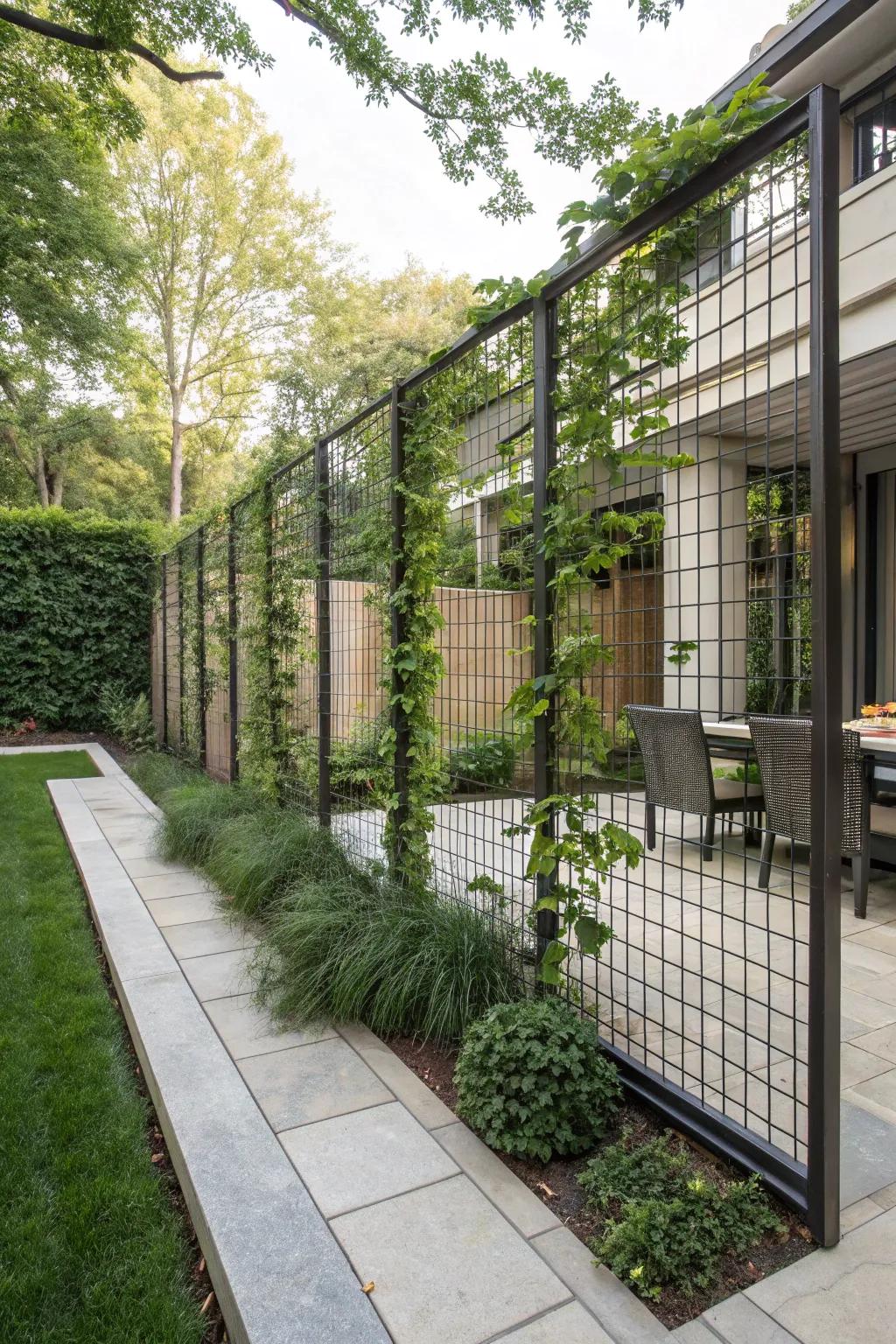Metal grids offer modern elegance and plant support.