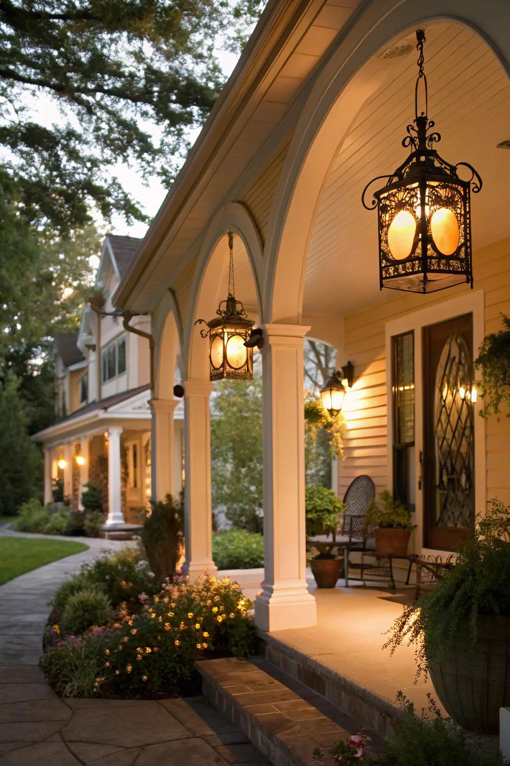 Magical glow with lantern-lit arches.