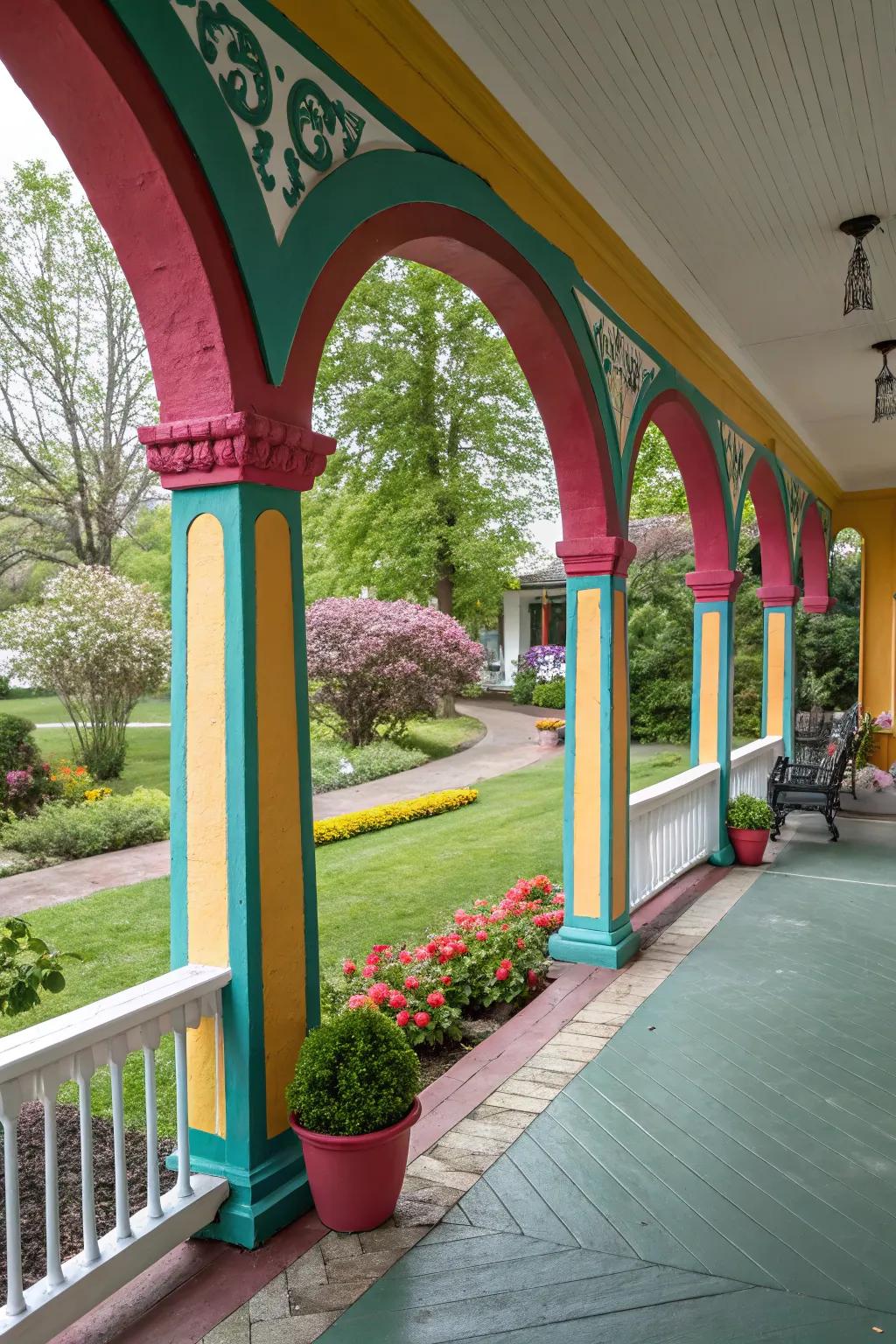 Vibrant expression with colorful arch accents.