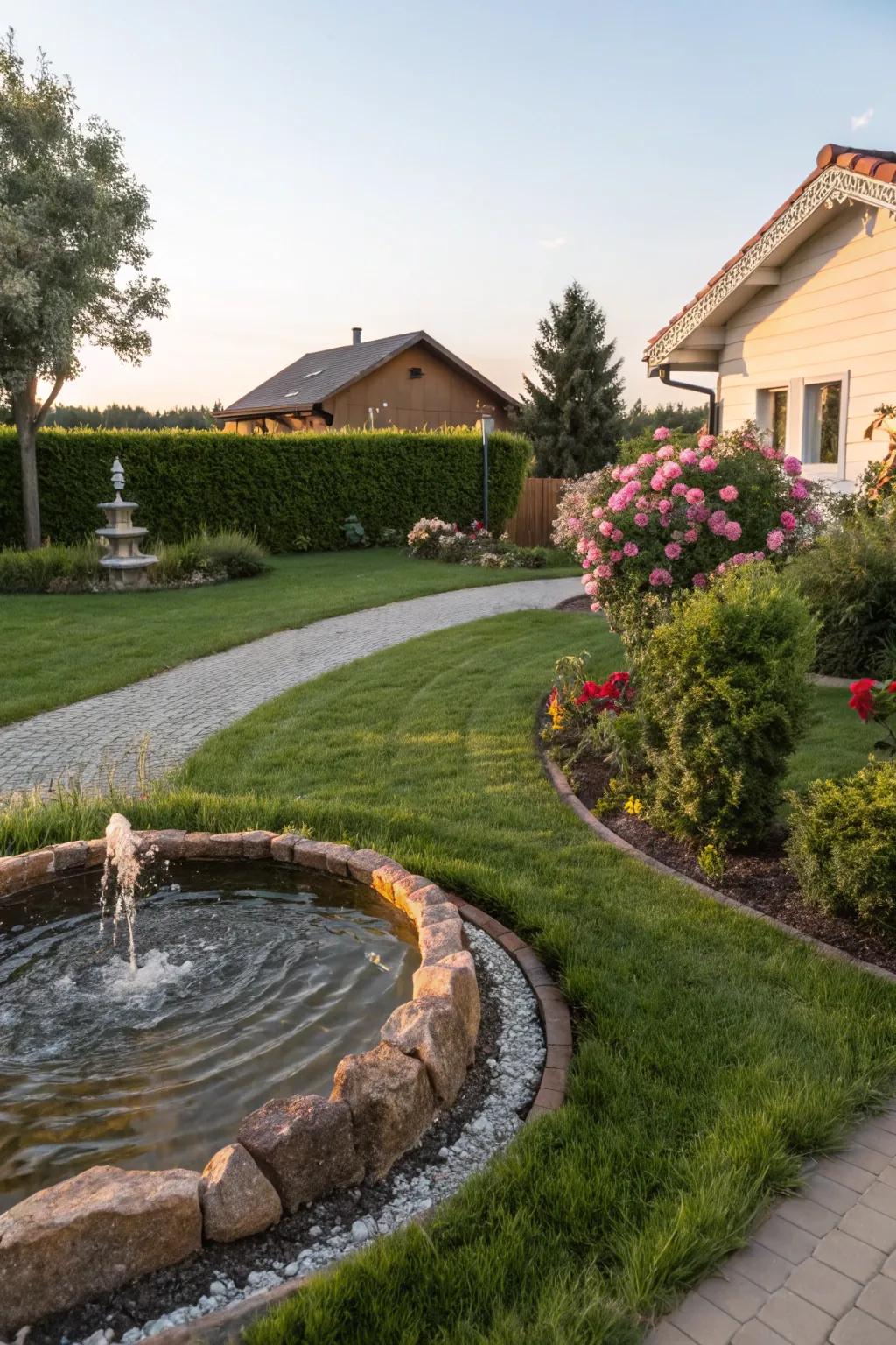A small water feature creates a tranquil and soothing focal point in the front yard.