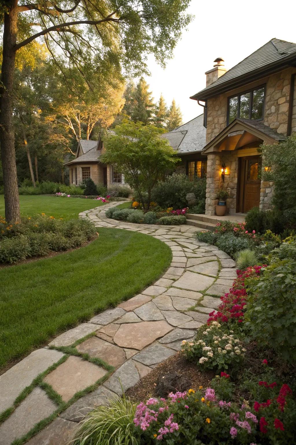 Stone pathways and borders define the landscape, adding structure to the front yard.