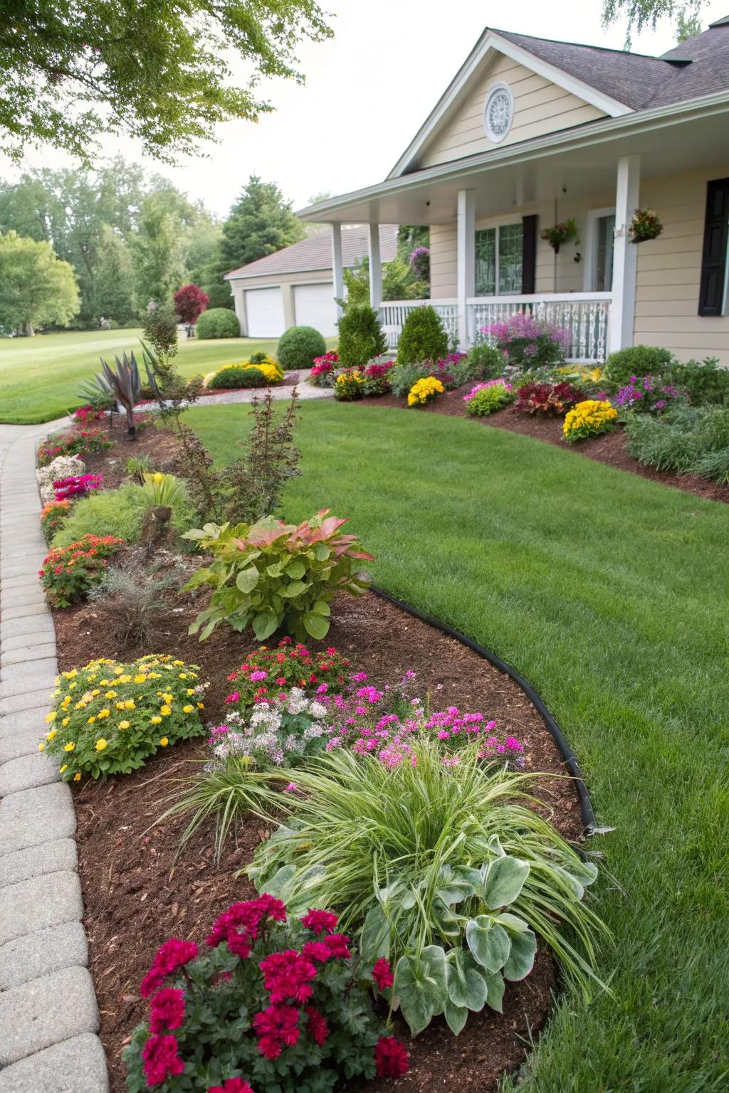 A cozy mulch bed filled with vibrant plants adds a decorative touch to a front yard.