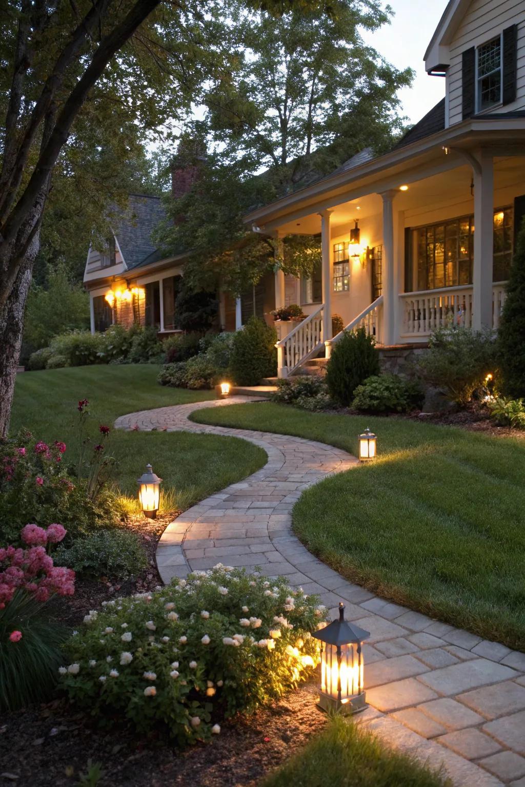 Outdoor lighting creates an enchanting atmosphere, illuminating pathways and features.