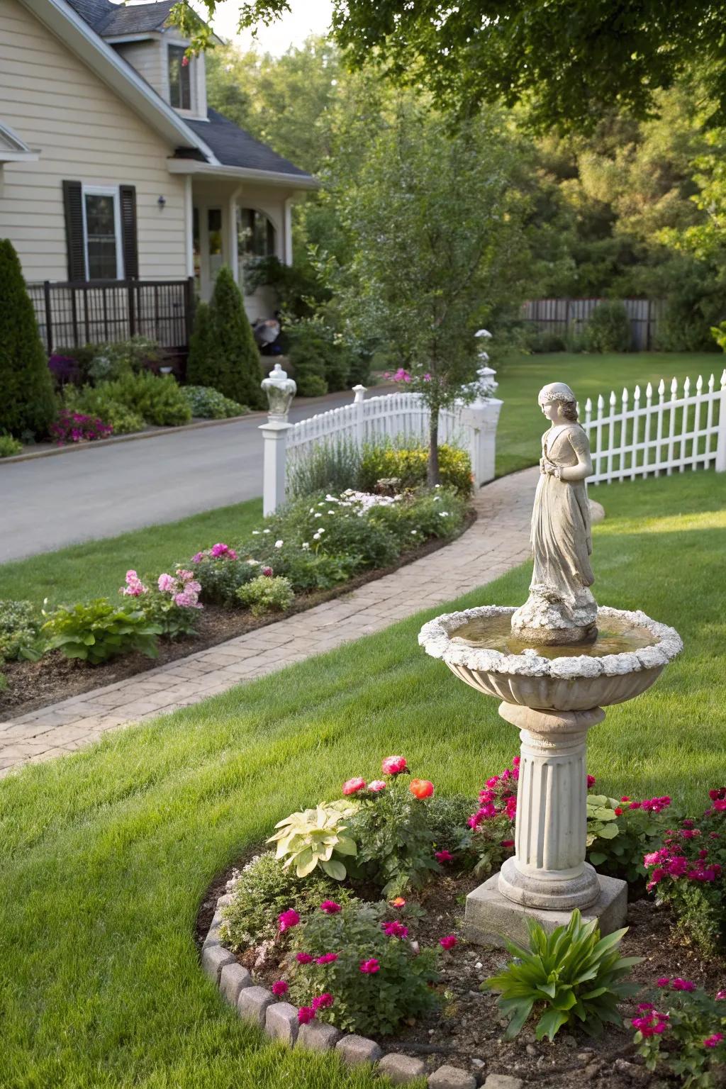 A decorative sculpture adds artistic flair and becomes a focal point in the front yard.