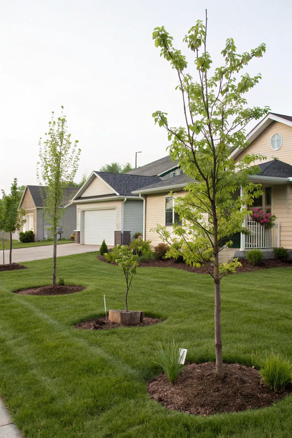 Newly planted small trees bring fresh greenery and balance to the front yard.