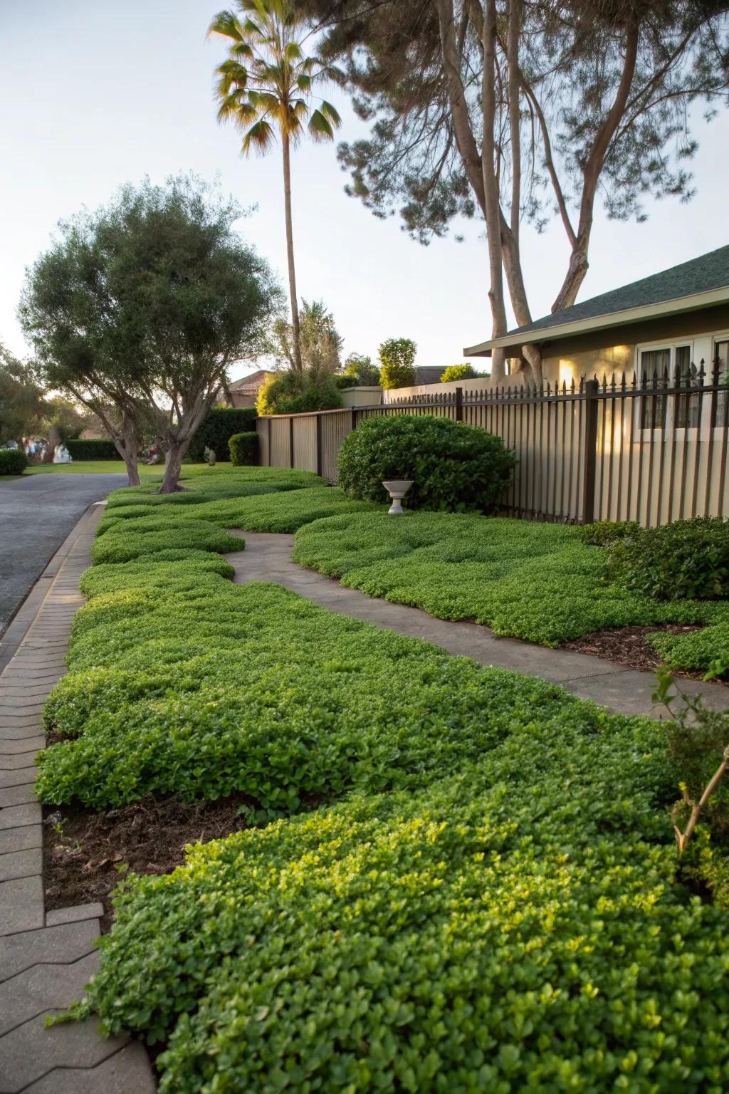 Groundcovers create a lush, low-maintenance carpet in the front yard.