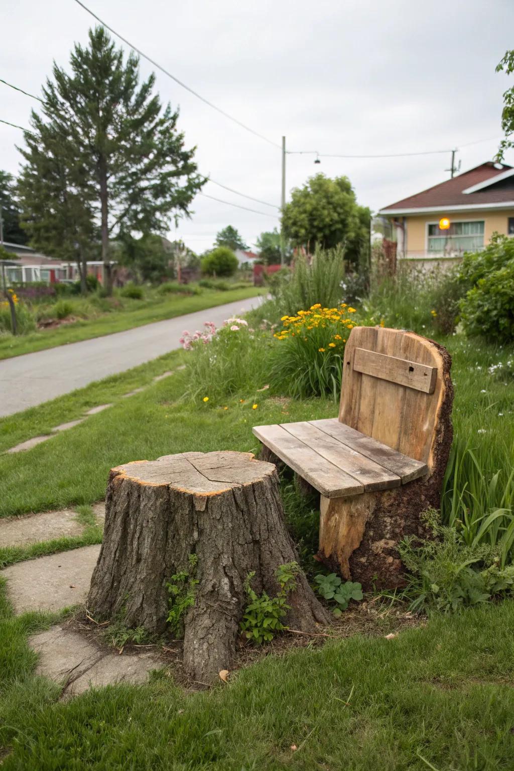 A tree stump transformed into a cozy rustic seat in the front yard.