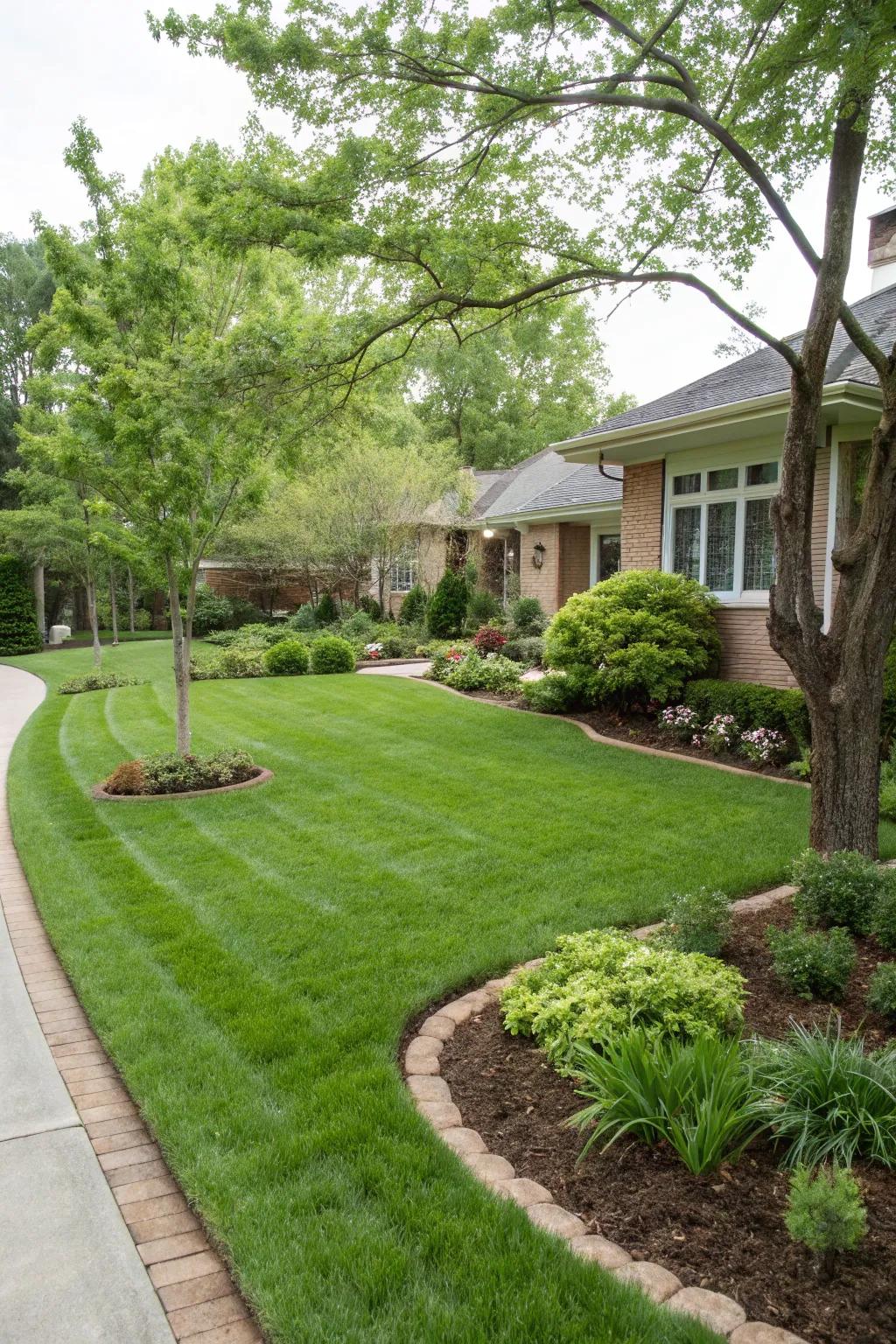 A lush green lawn rejuvenates a front yard, creating a fresh and welcoming atmosphere.
