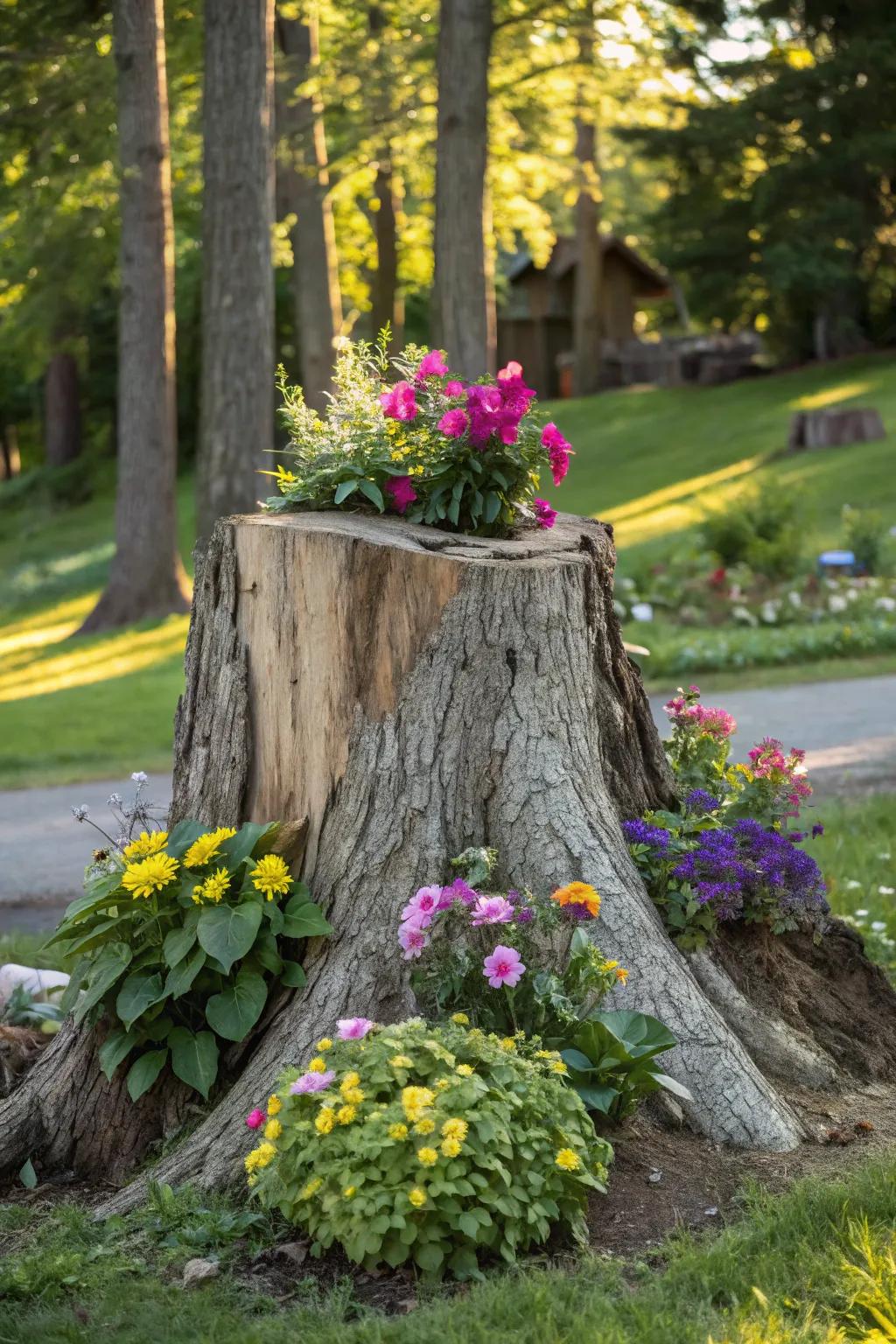 A tree stump transformed into a charming natural planter for colorful blooms.