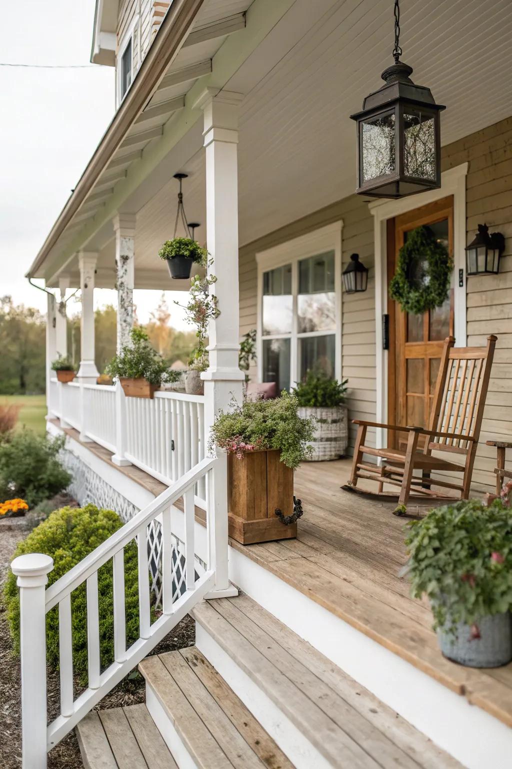 Farmhouse railings add a cozy, rustic charm.