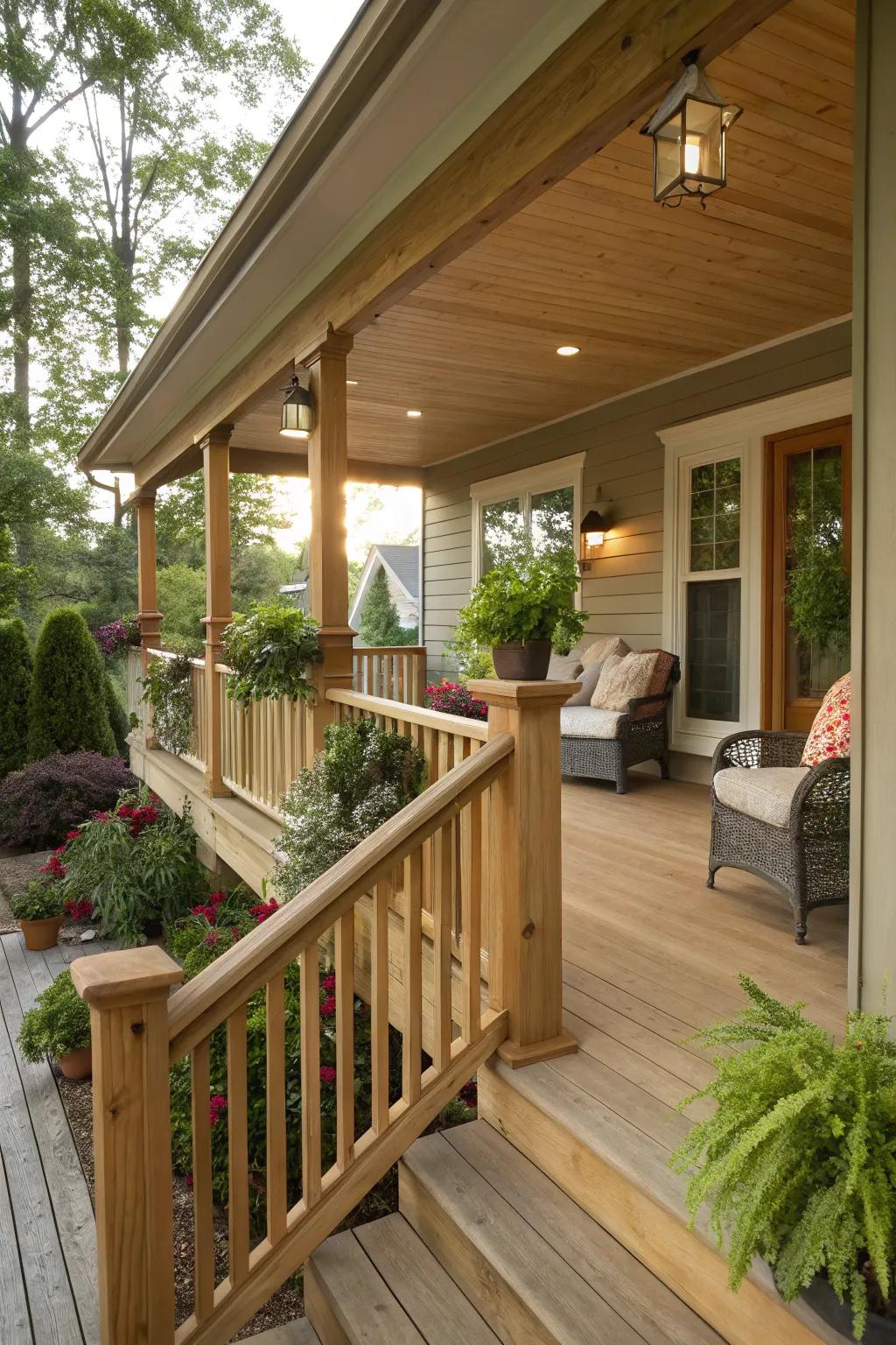 Wooden railings bring warmth and charm to the front porch.
