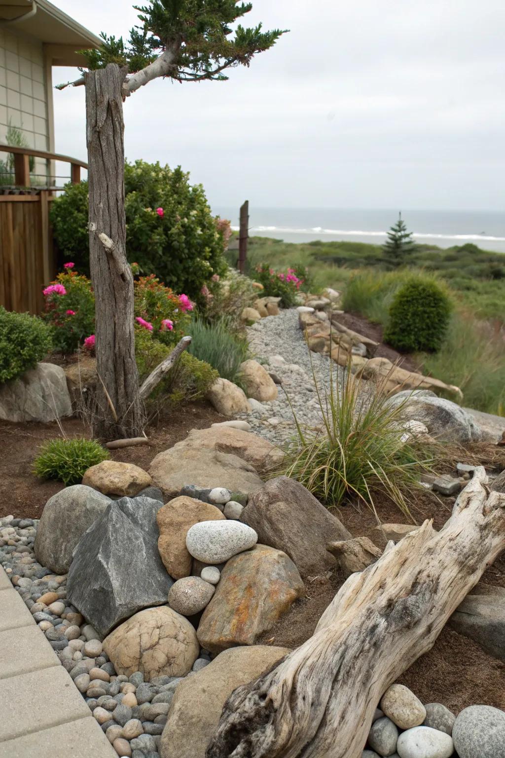 Rocks and driftwood bring coastal charm.