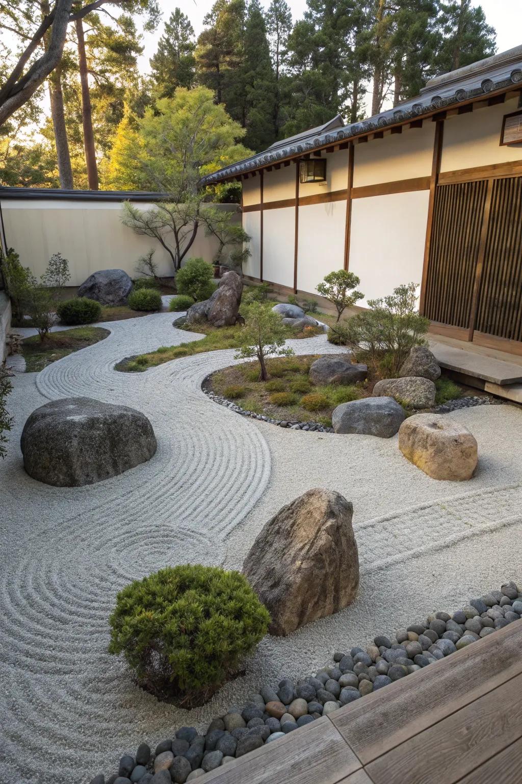 A Zen rock garden offers tranquility.