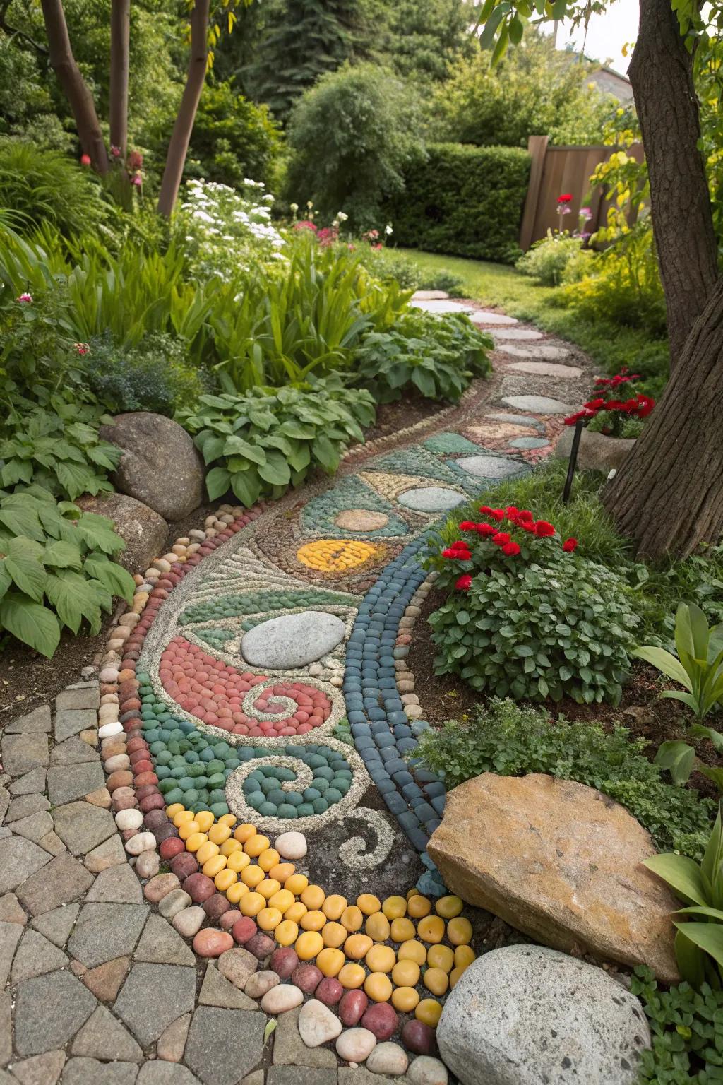 Pebble mosaics add artistic flair.