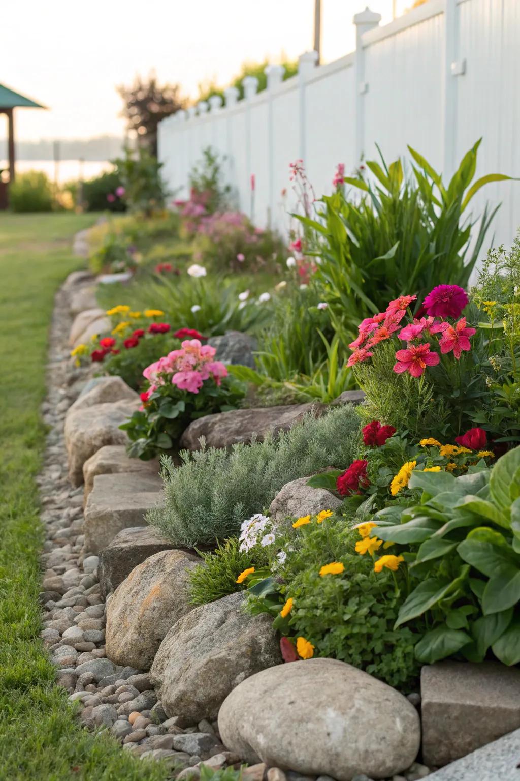 Rock borders keep garden beds tidy.