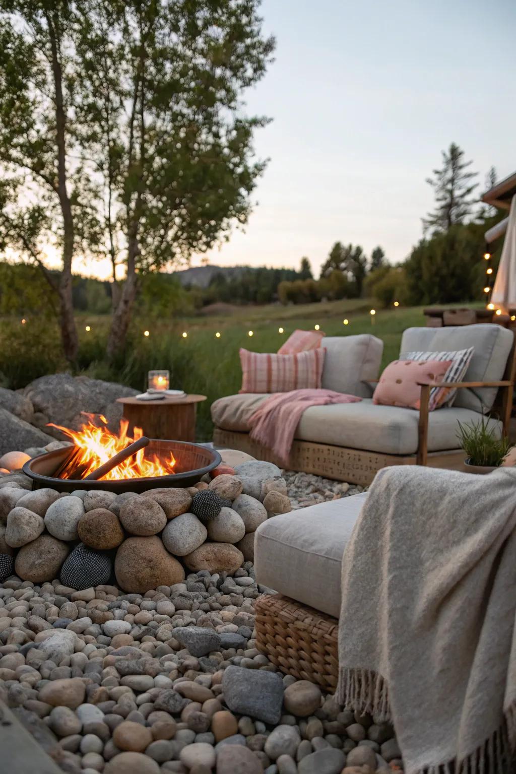 Rock fire pits create inviting gathering spaces.
