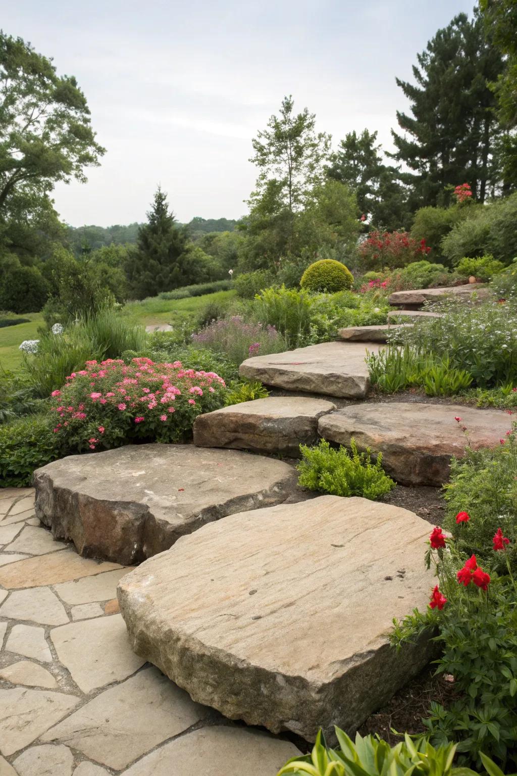 Rock seating offers natural relaxation spots.