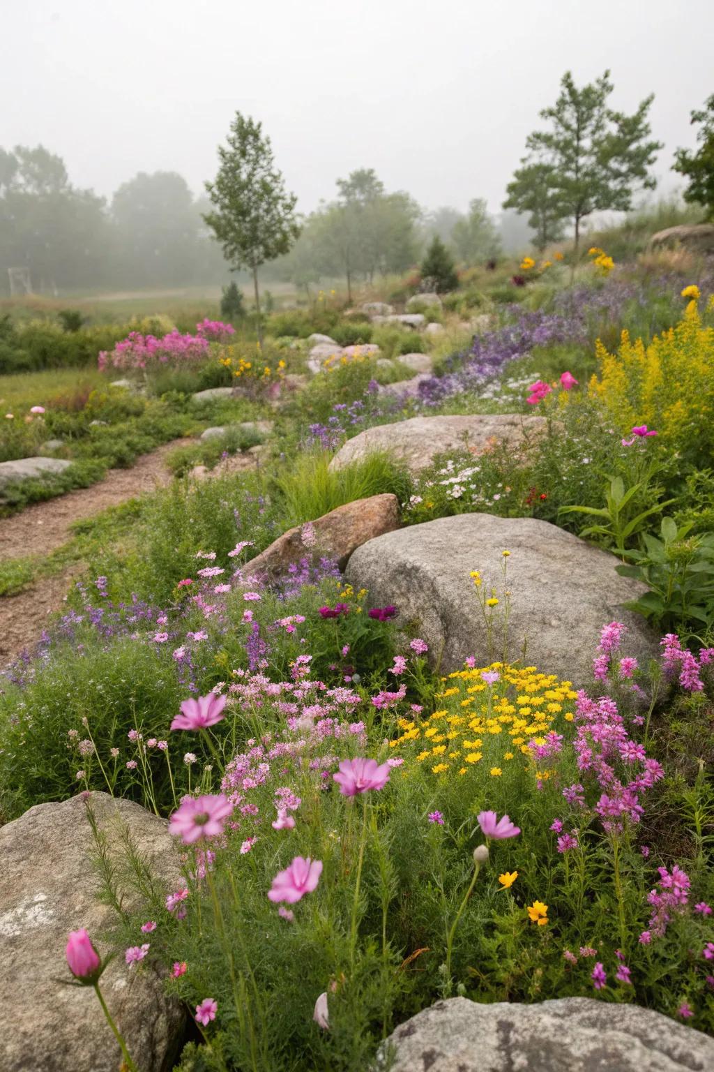 Wildflowers and rocks create natural beauty.