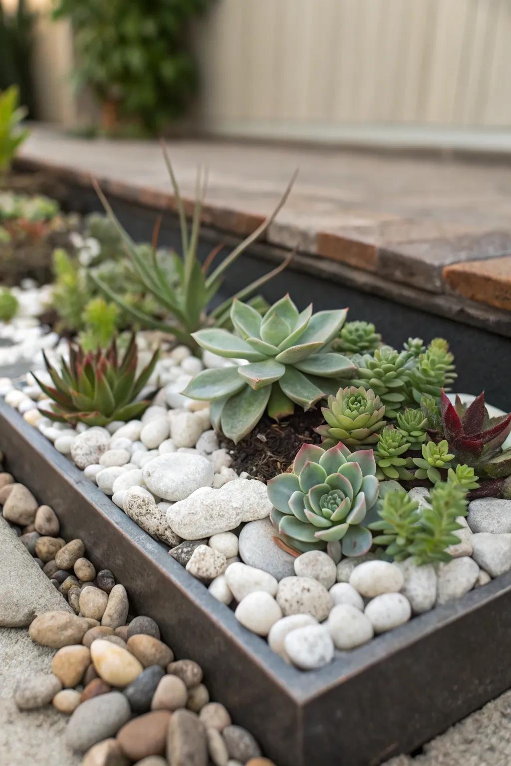Pebbles and succulents create a modern garden aesthetic.