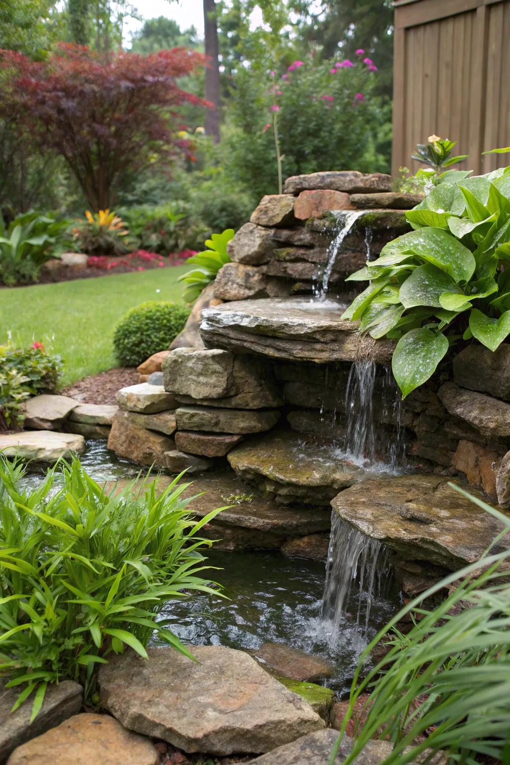 Rock waterfalls enhance garden tranquility.
