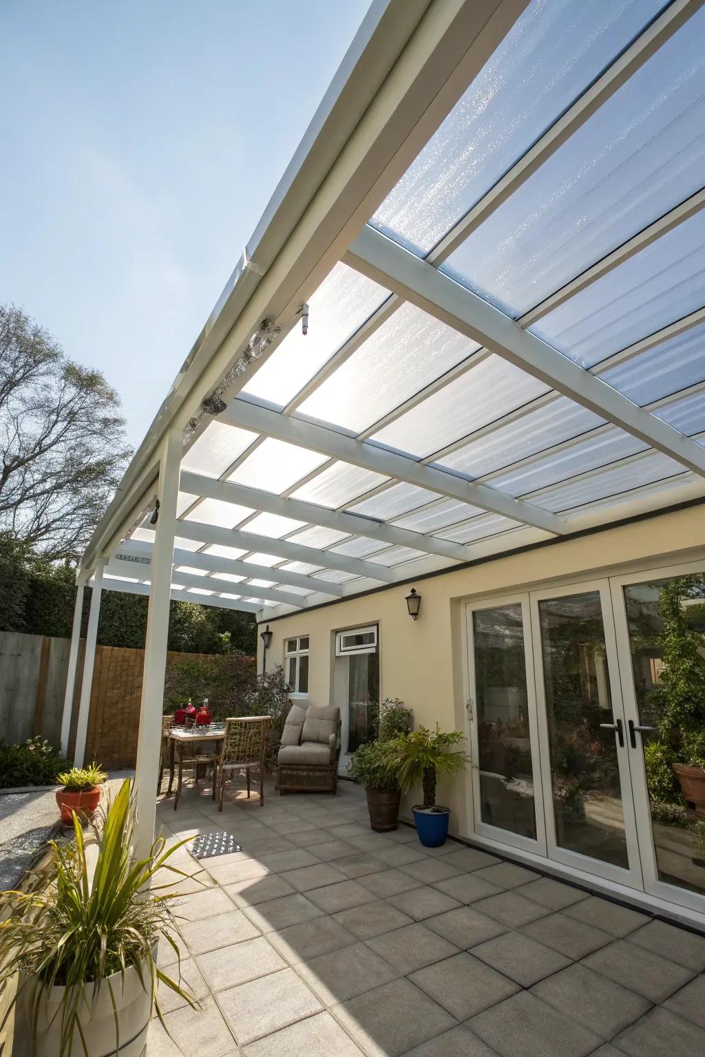 A clear pergola roof for light and protection.