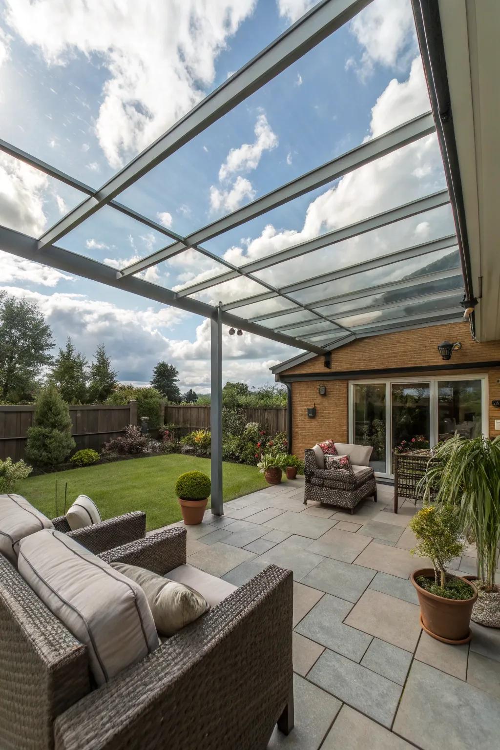 A glass panel overhang for sky views.