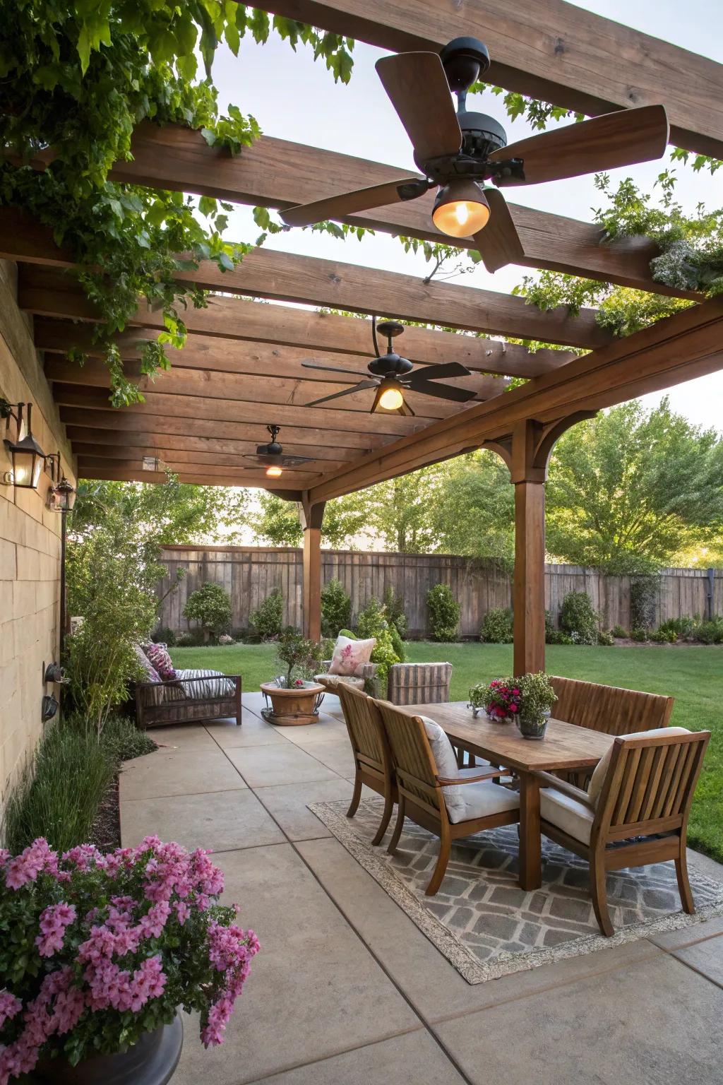 Built-in fans for cooling comfort under a pergola.